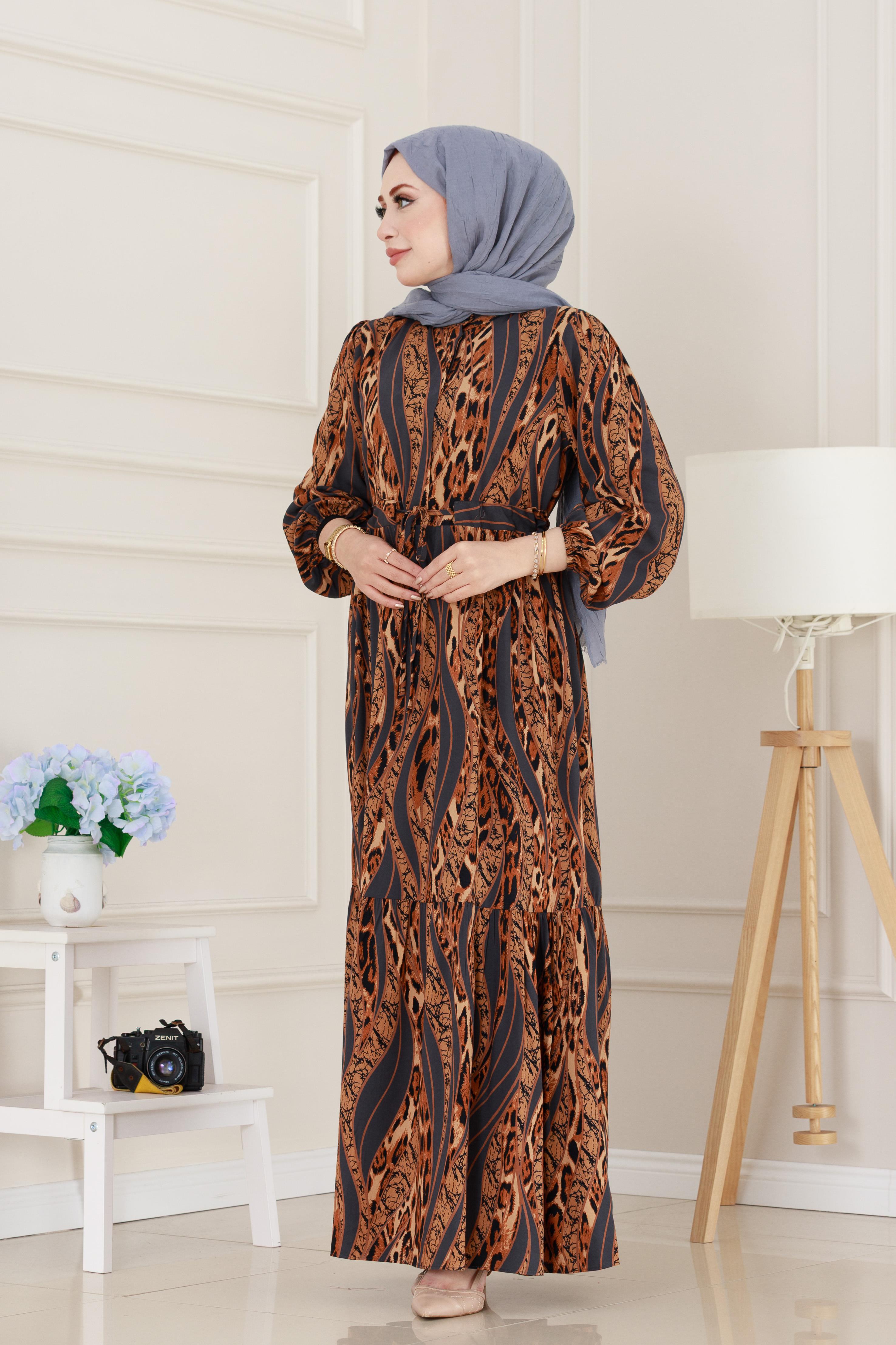 Leopar Desenli Beli Tünelli Viscon Elbise-Gri