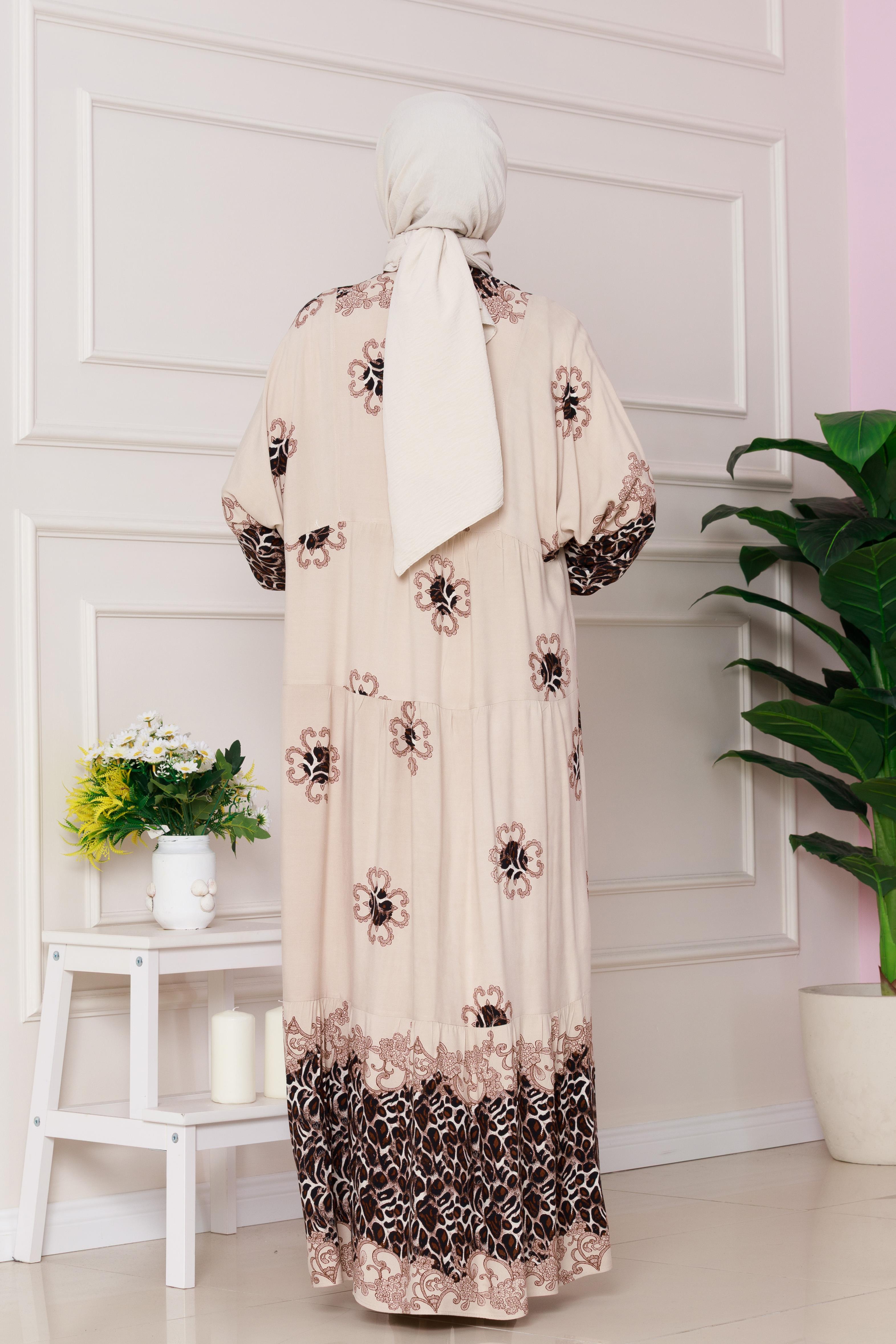 Leopar Desenli Robalı Viscon Elbise-Bej