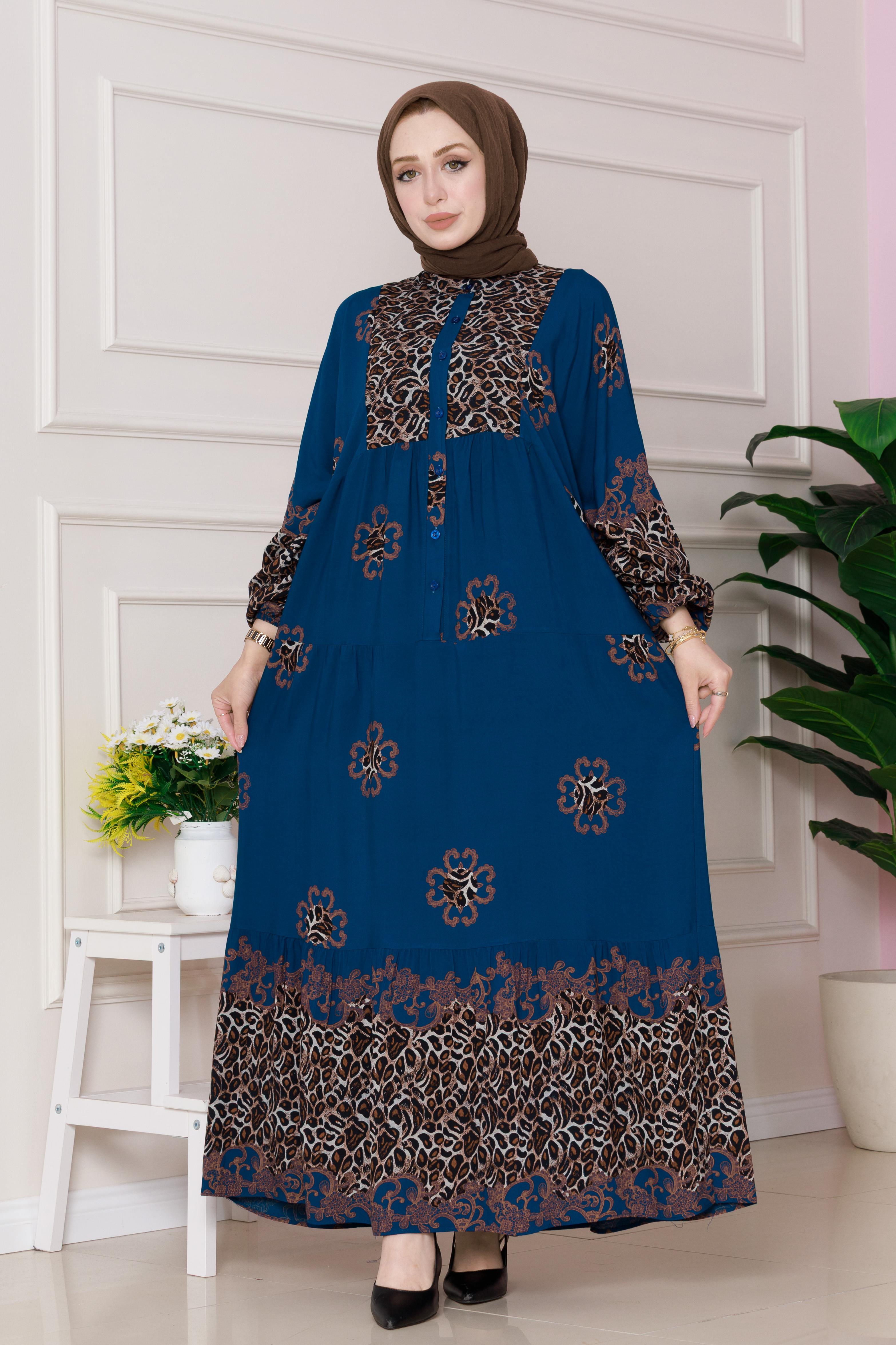 Leopar Desenli Robalı Viscon Elbise-İndigo