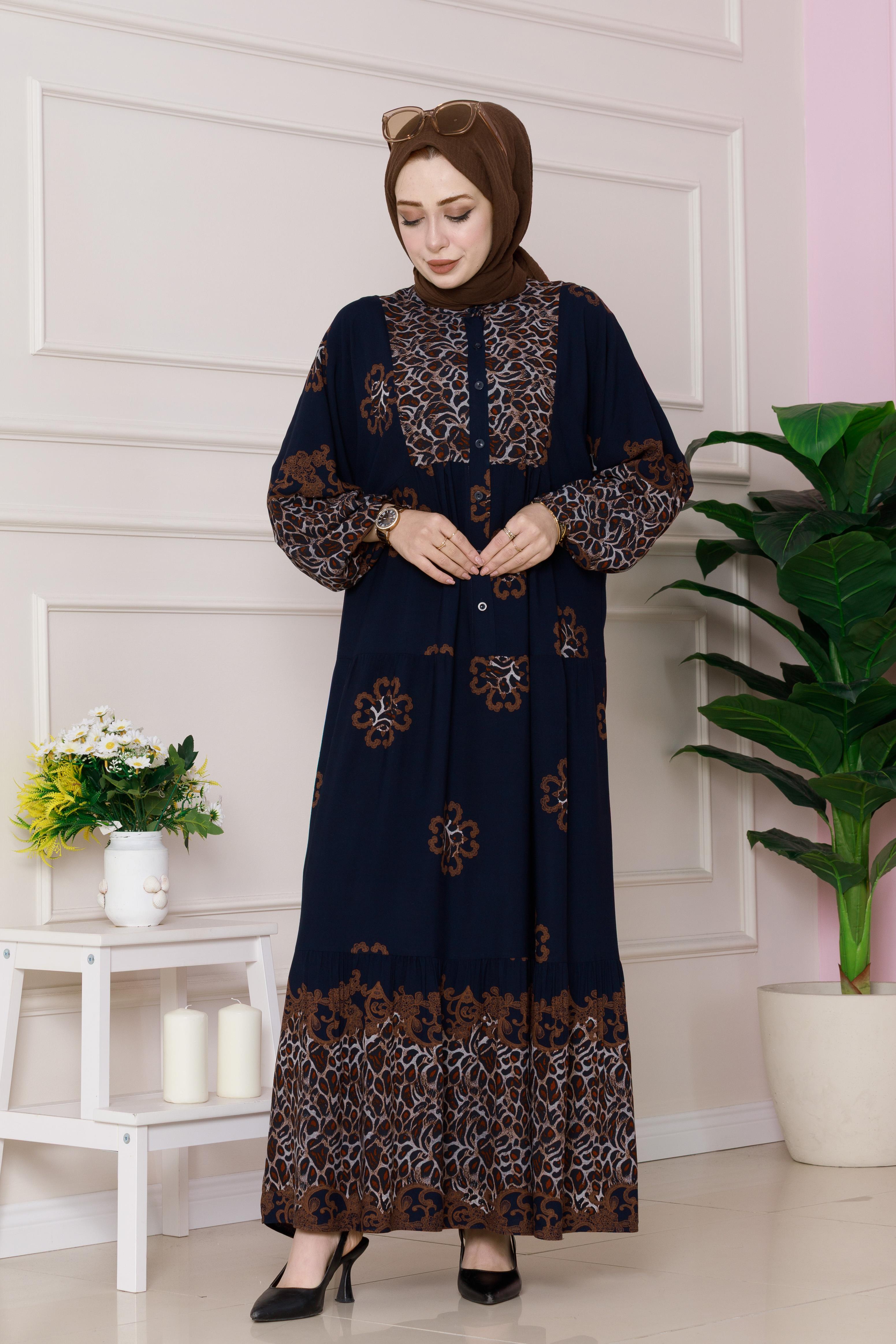 Leopard Patterned Viscose Dress-navy color
