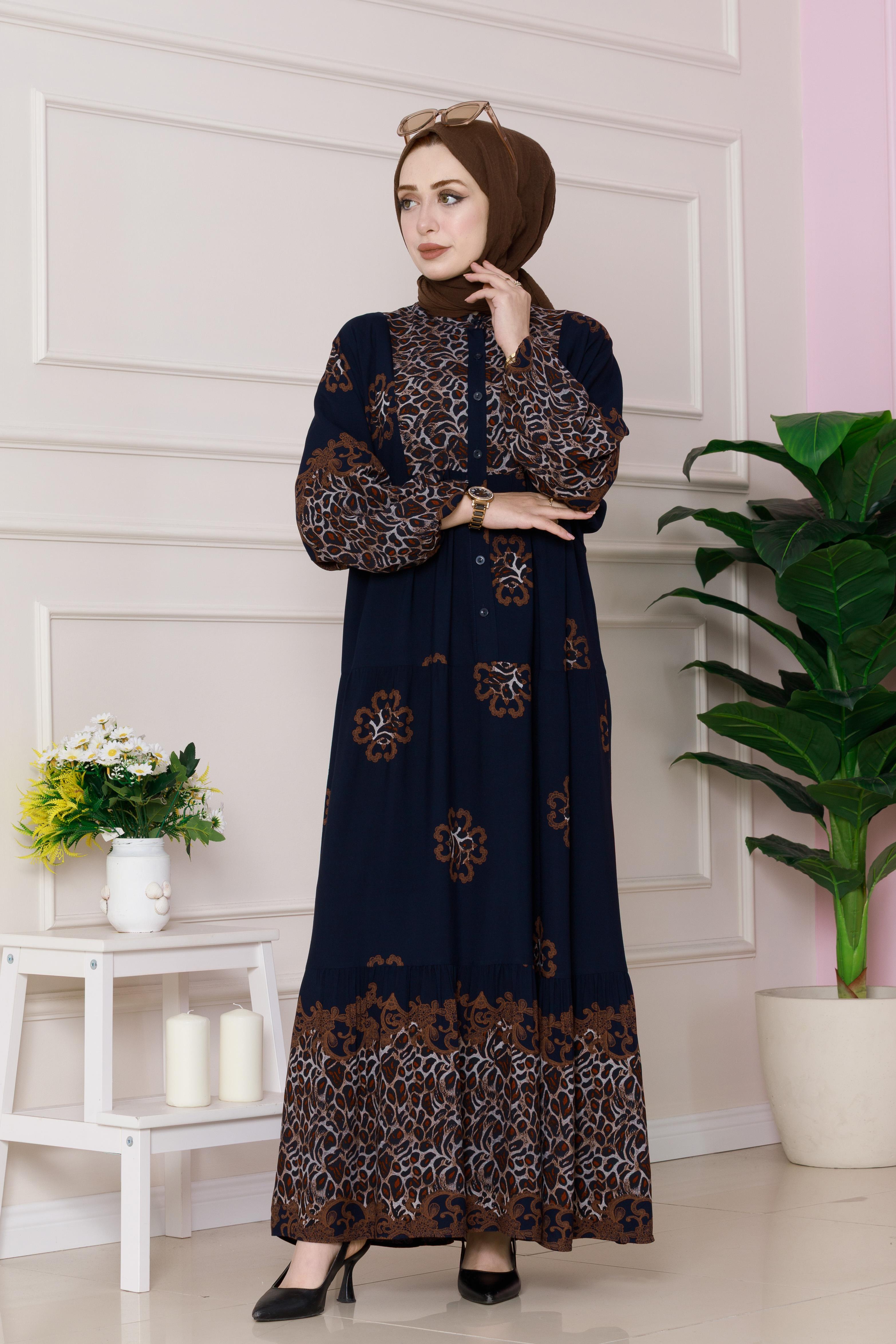 Leopard Patterned Viscose Dress-navy color