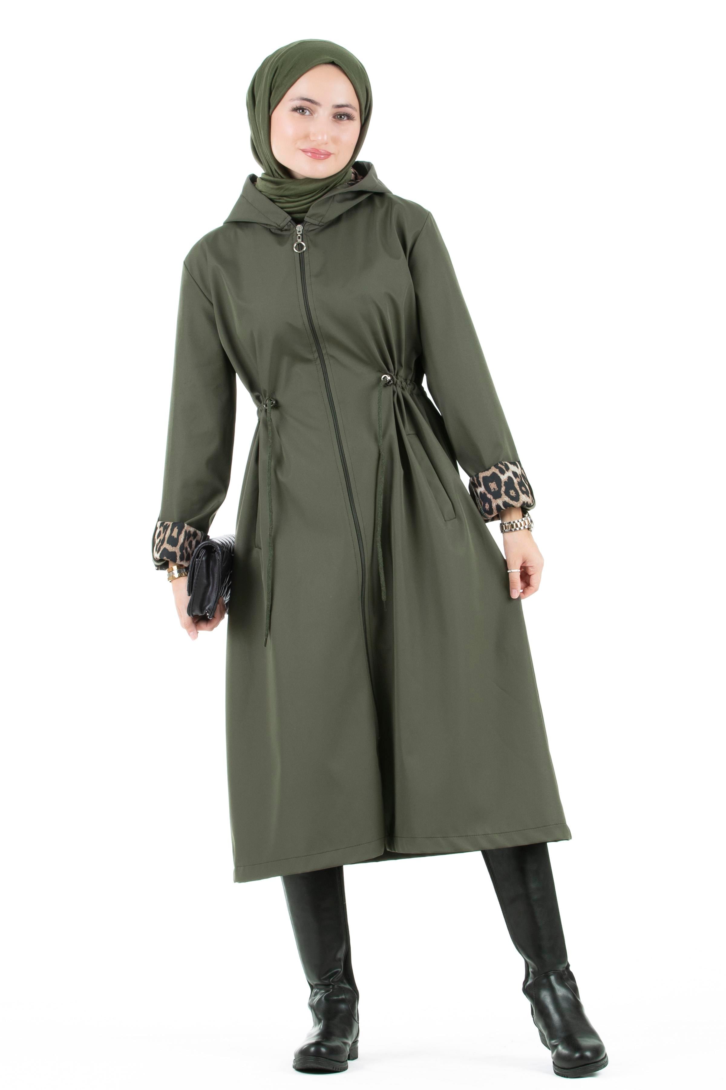 Leopard Detailed Trench Coat-Khaki