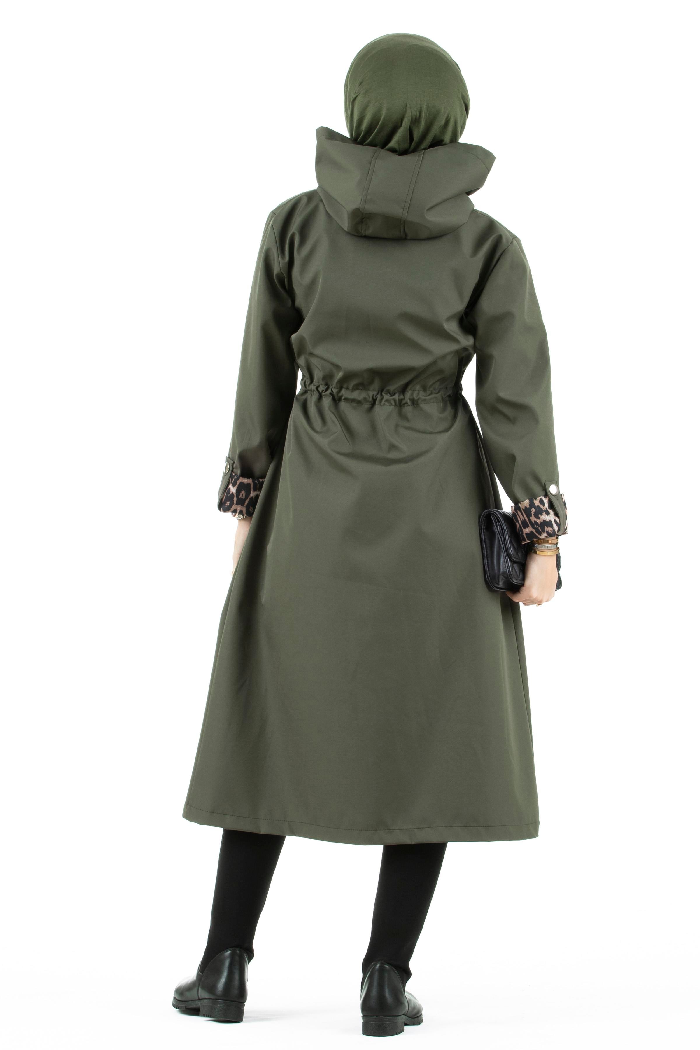 Leopard Detailed Trench Coat-Khaki