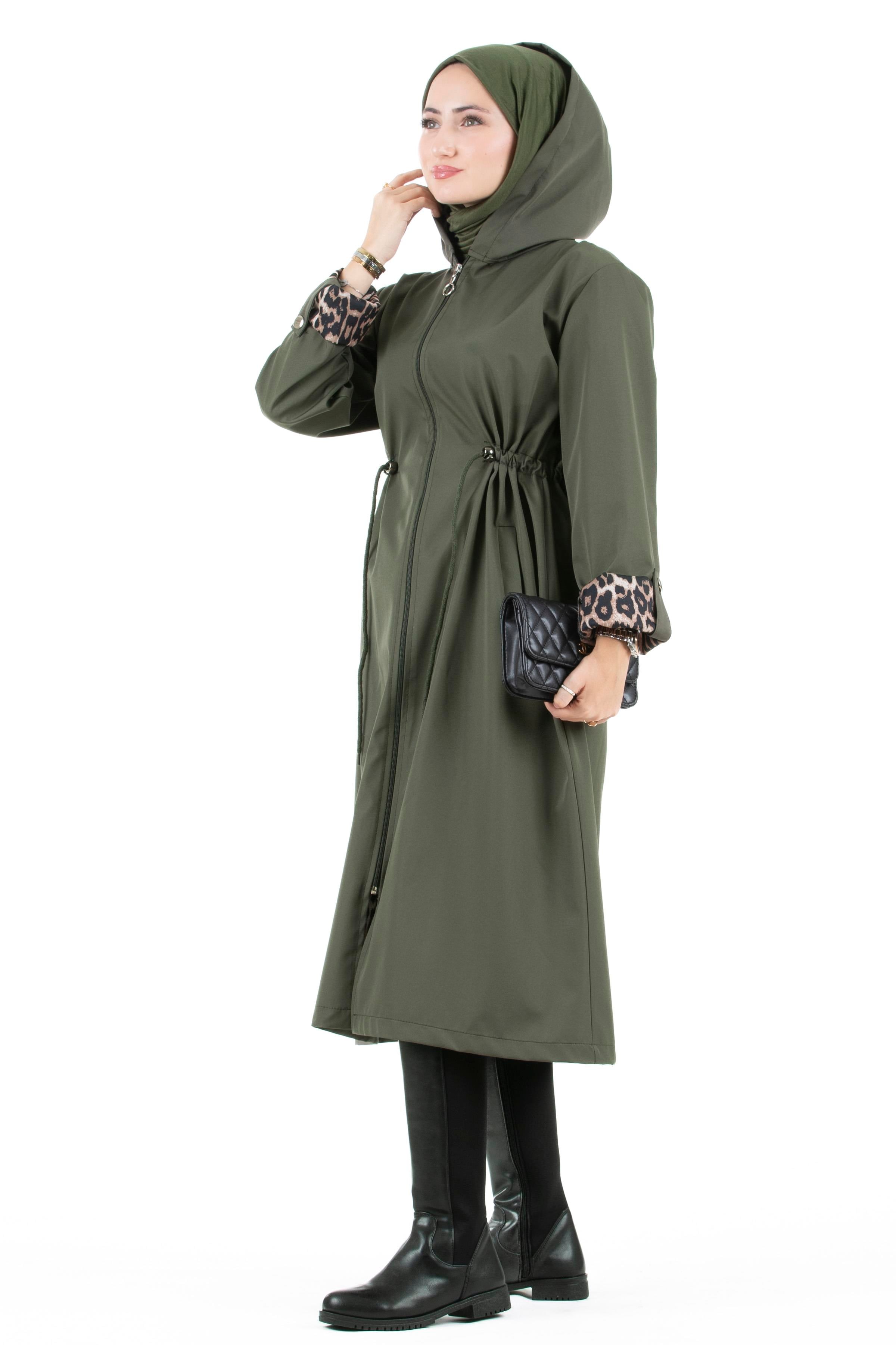 Leopard Detailed Trench Coat-Khaki
