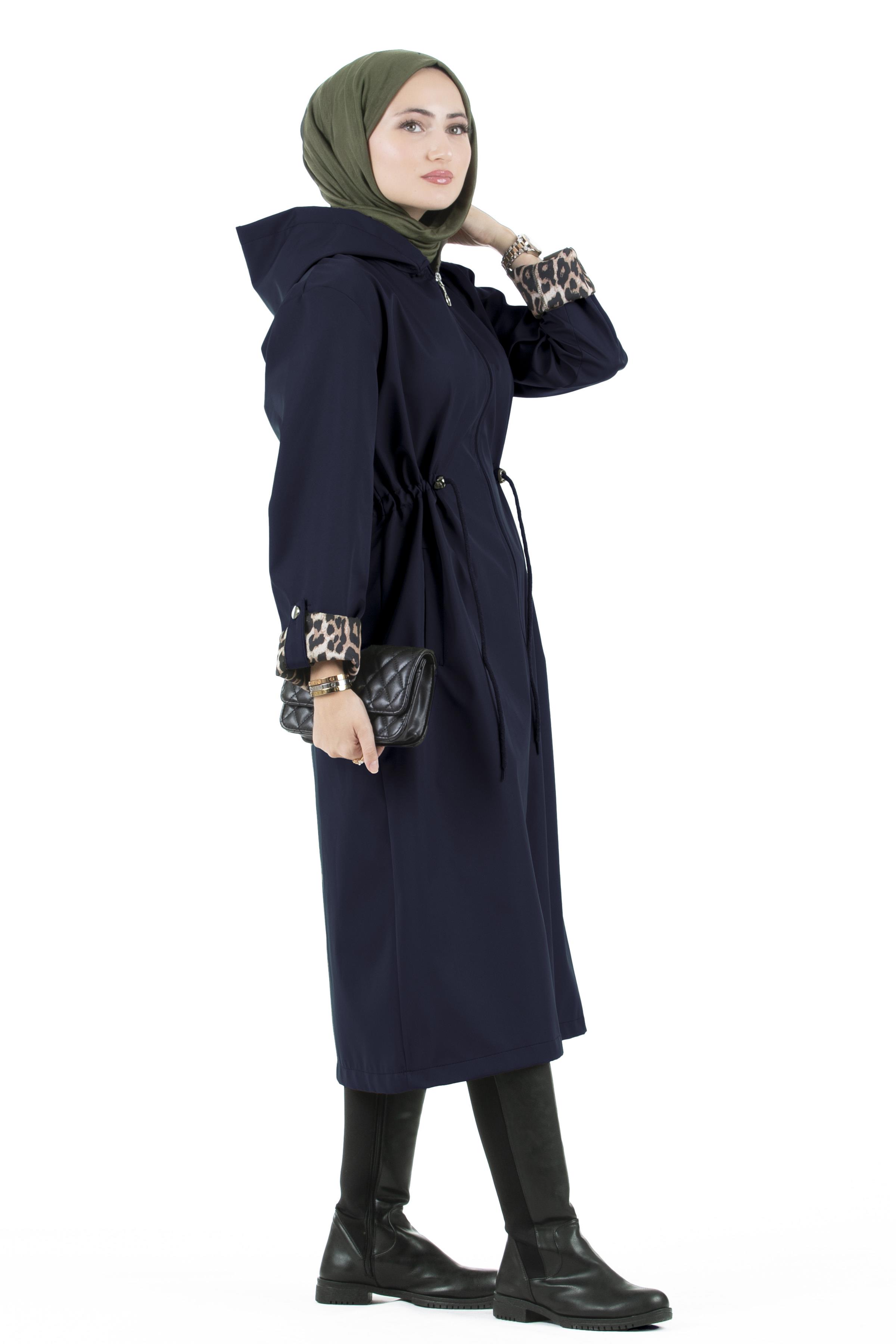 Leopar Detaylı Trençkot-Lacivert