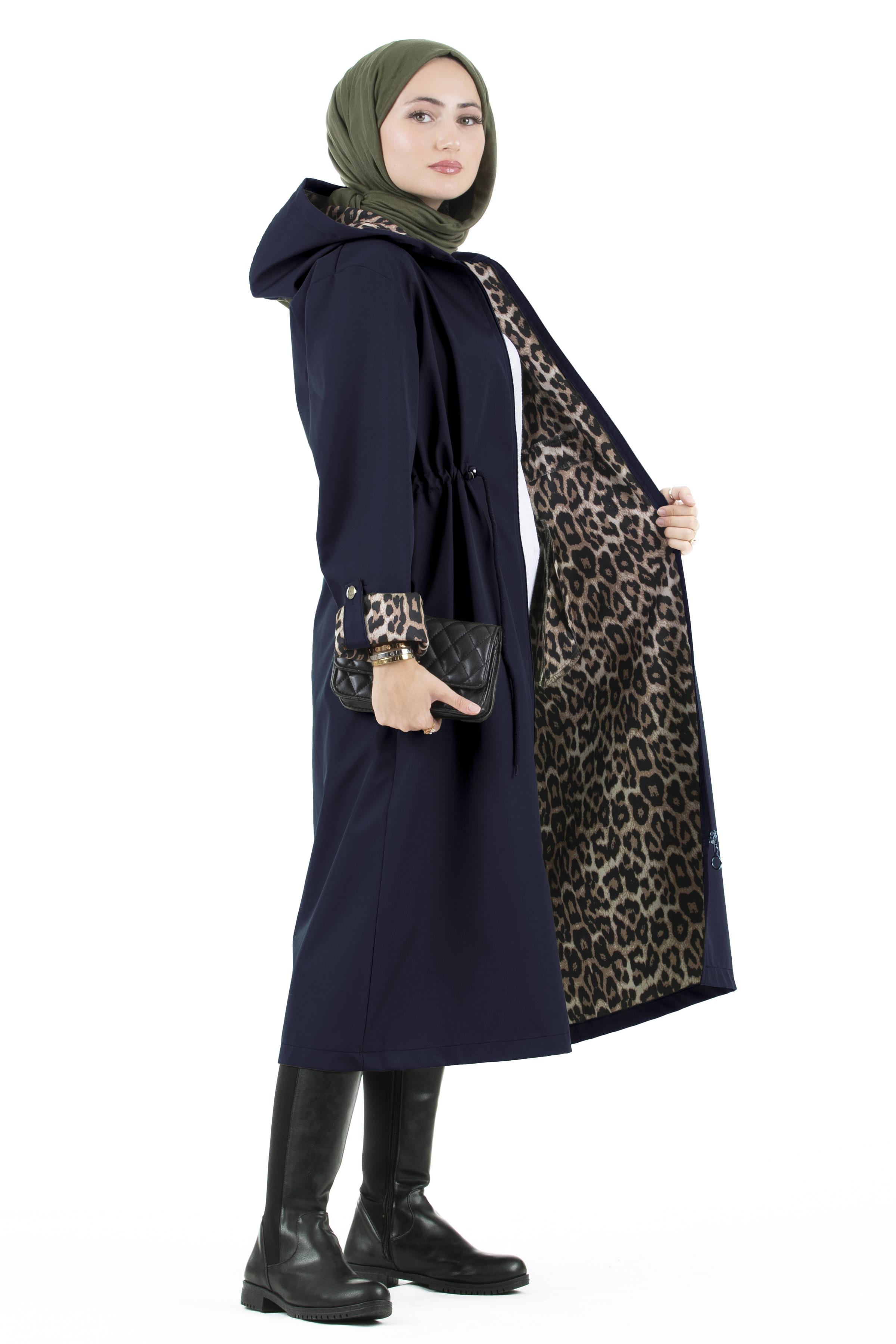 Leopar Detaylı Trençkot-Lacivert