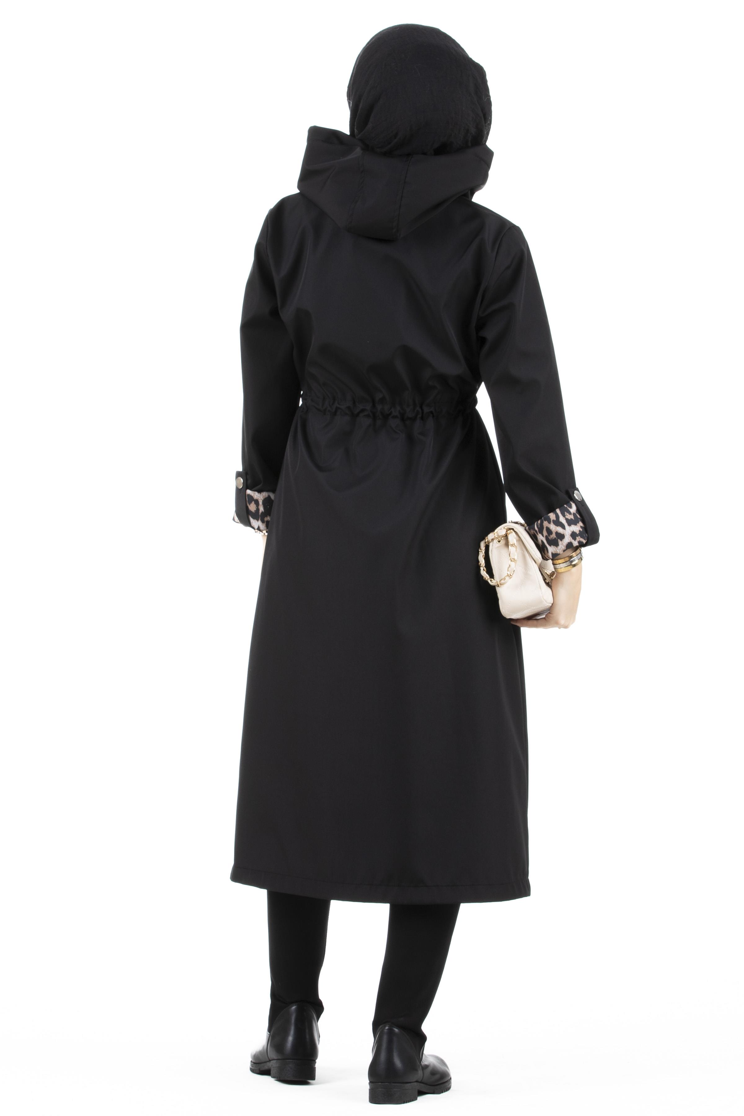 Leopar Detaylı Trençkot-Siyah