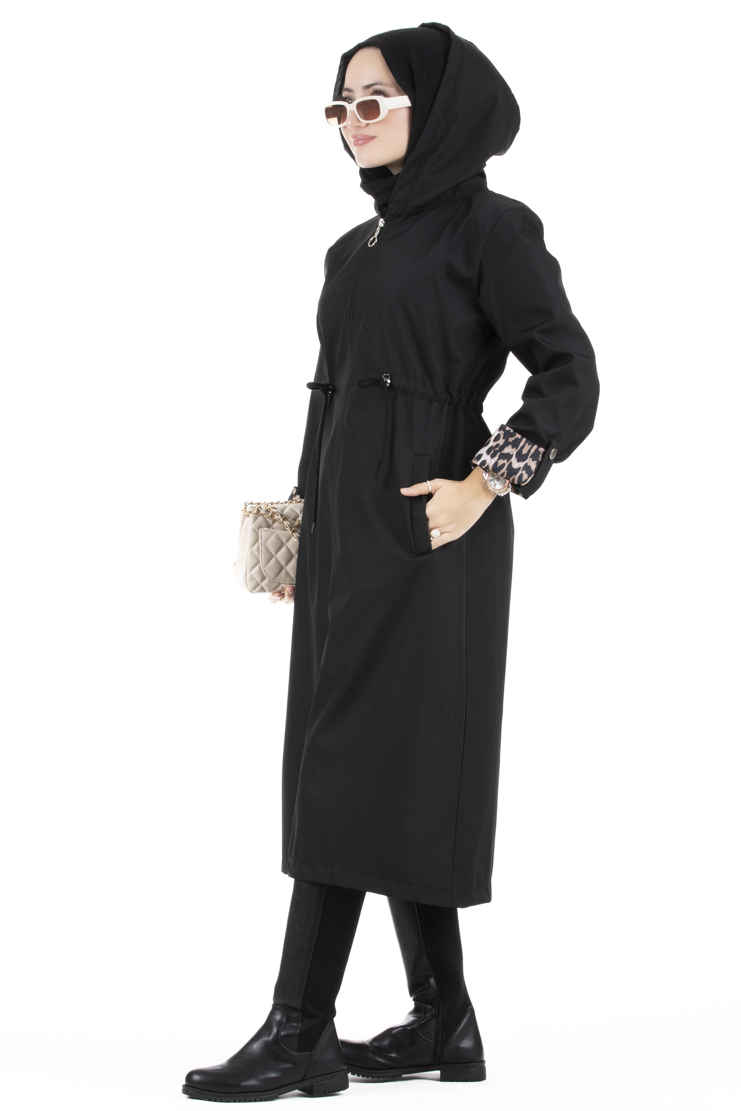 Leopar Detaylı Trençkot-Siyah