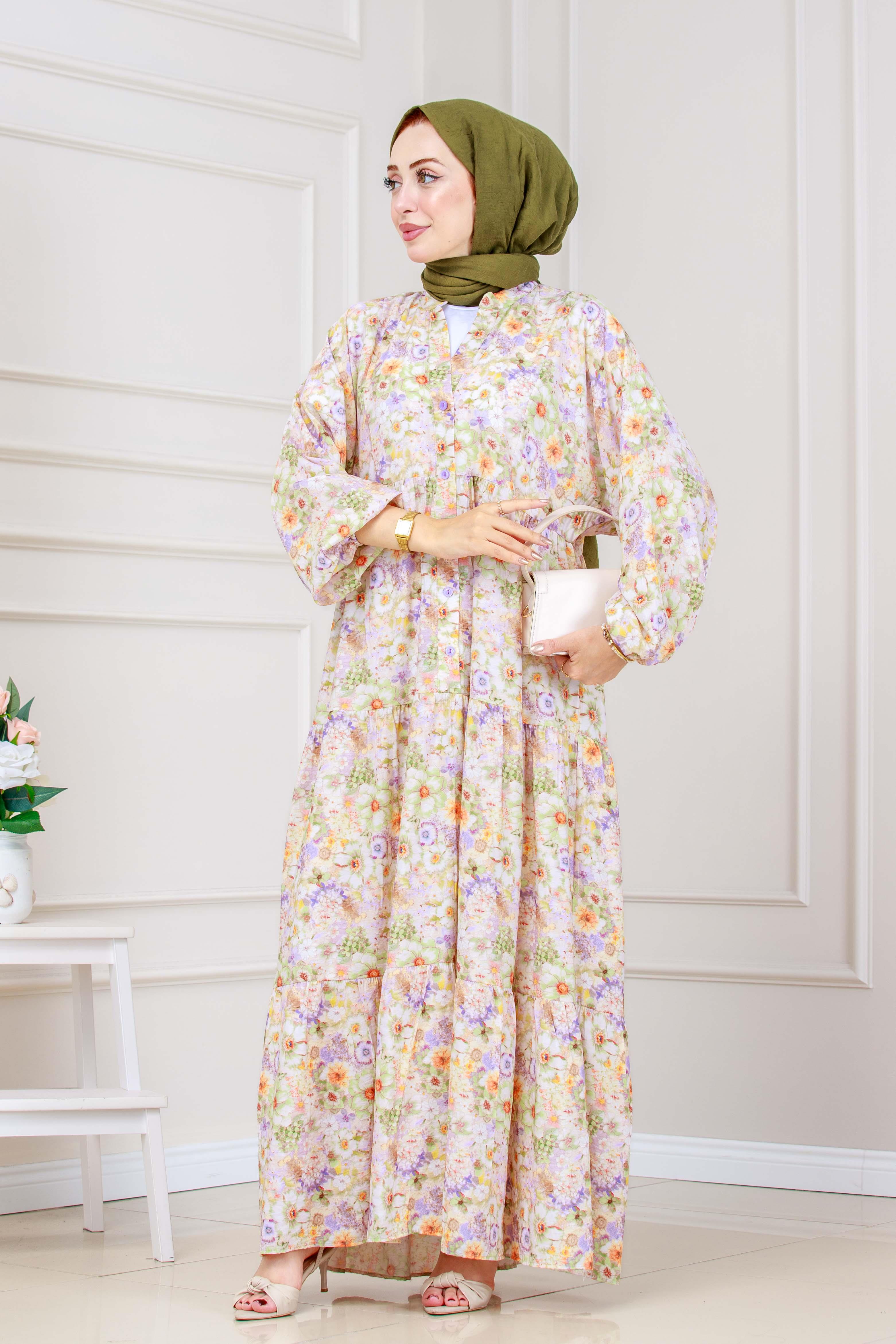 Lilyum Çiçekli Elbise-Kahverengi