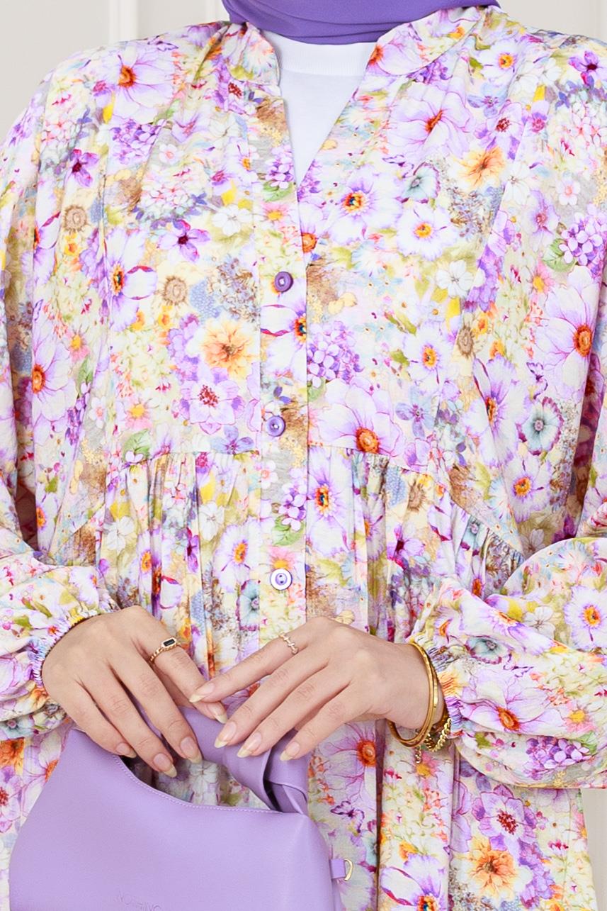 Lilyum Çiçekli Elbise-Mor