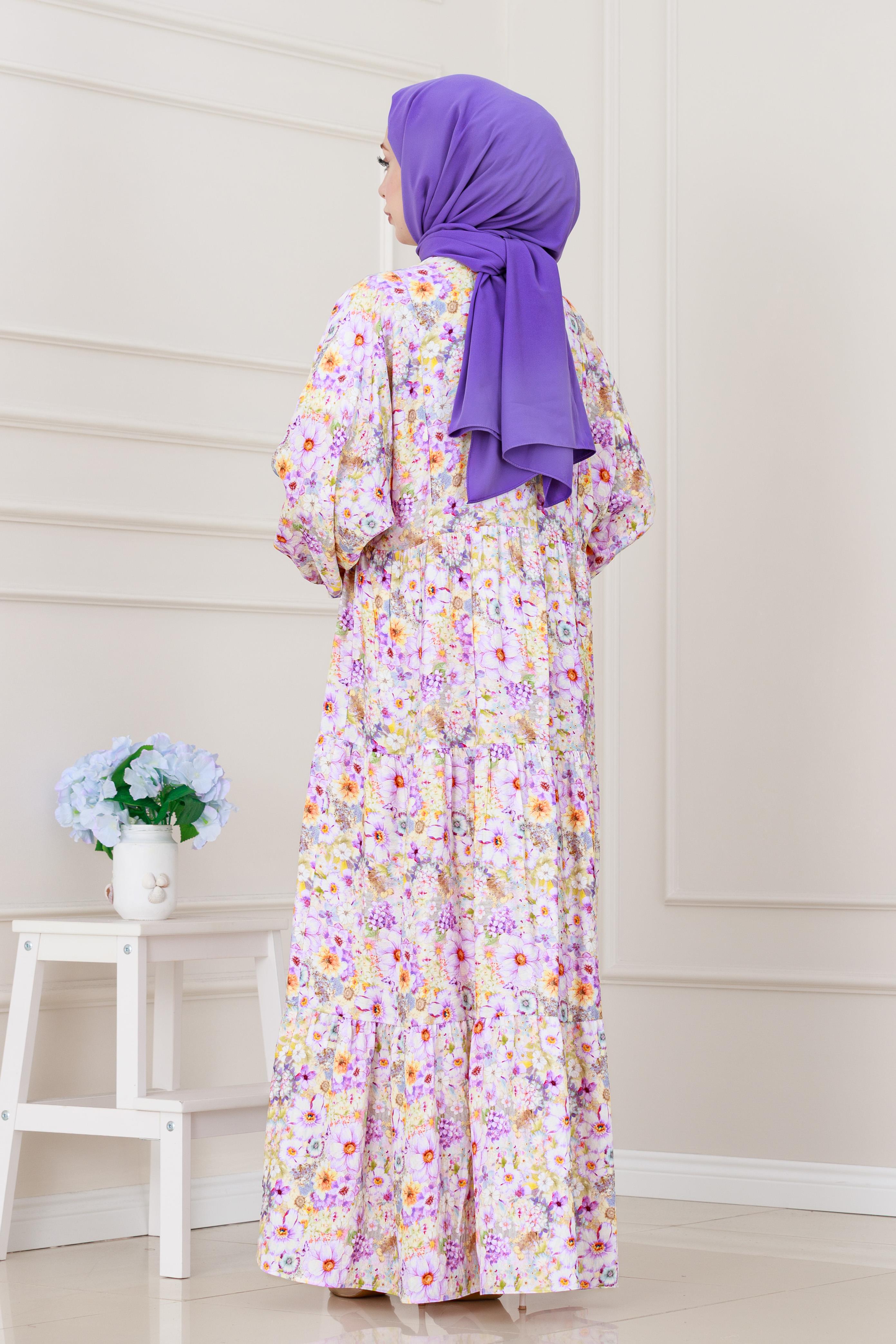 Lilyum Çiçekli Elbise-Mor