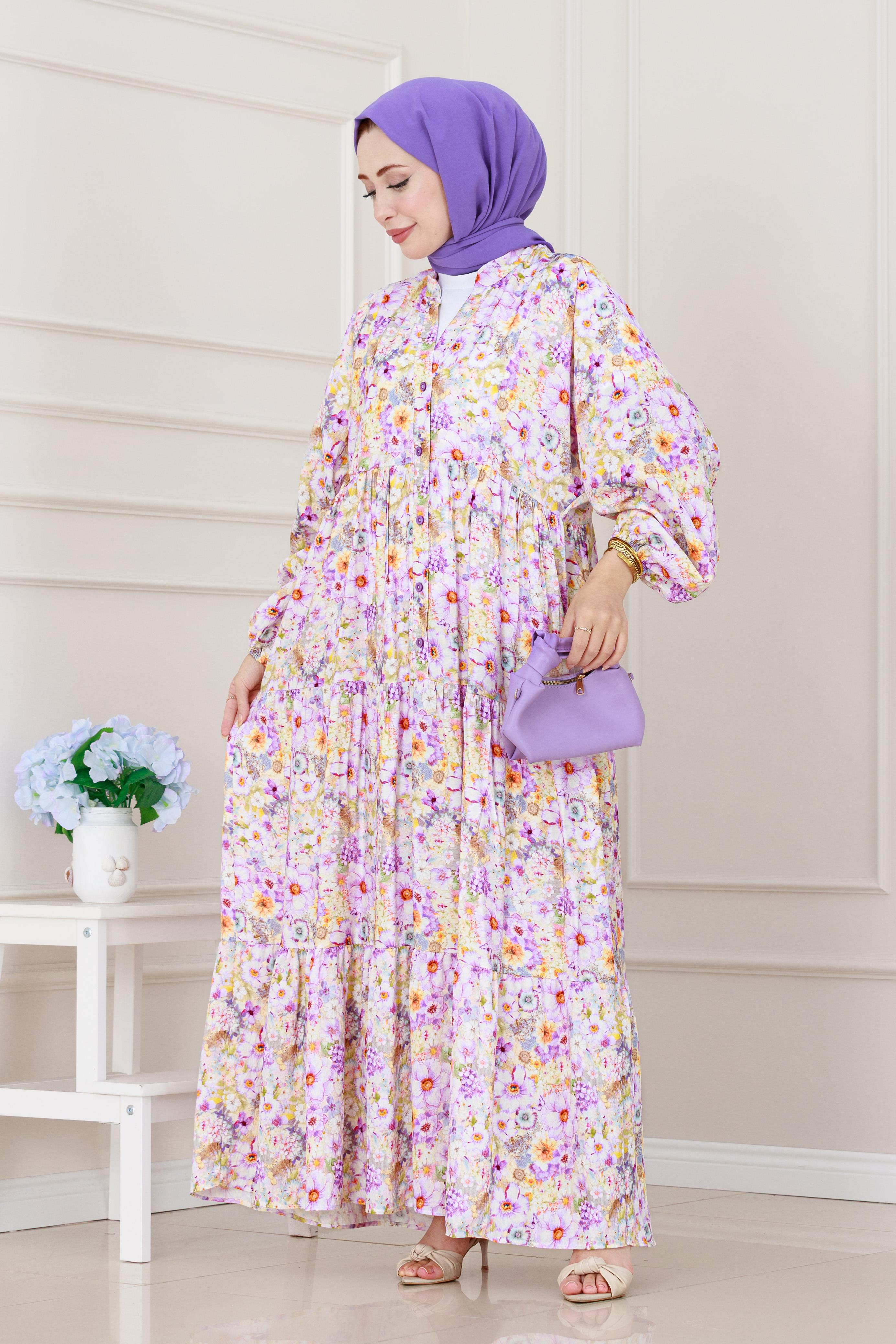 Lilyum Çiçekli Elbise-Mor