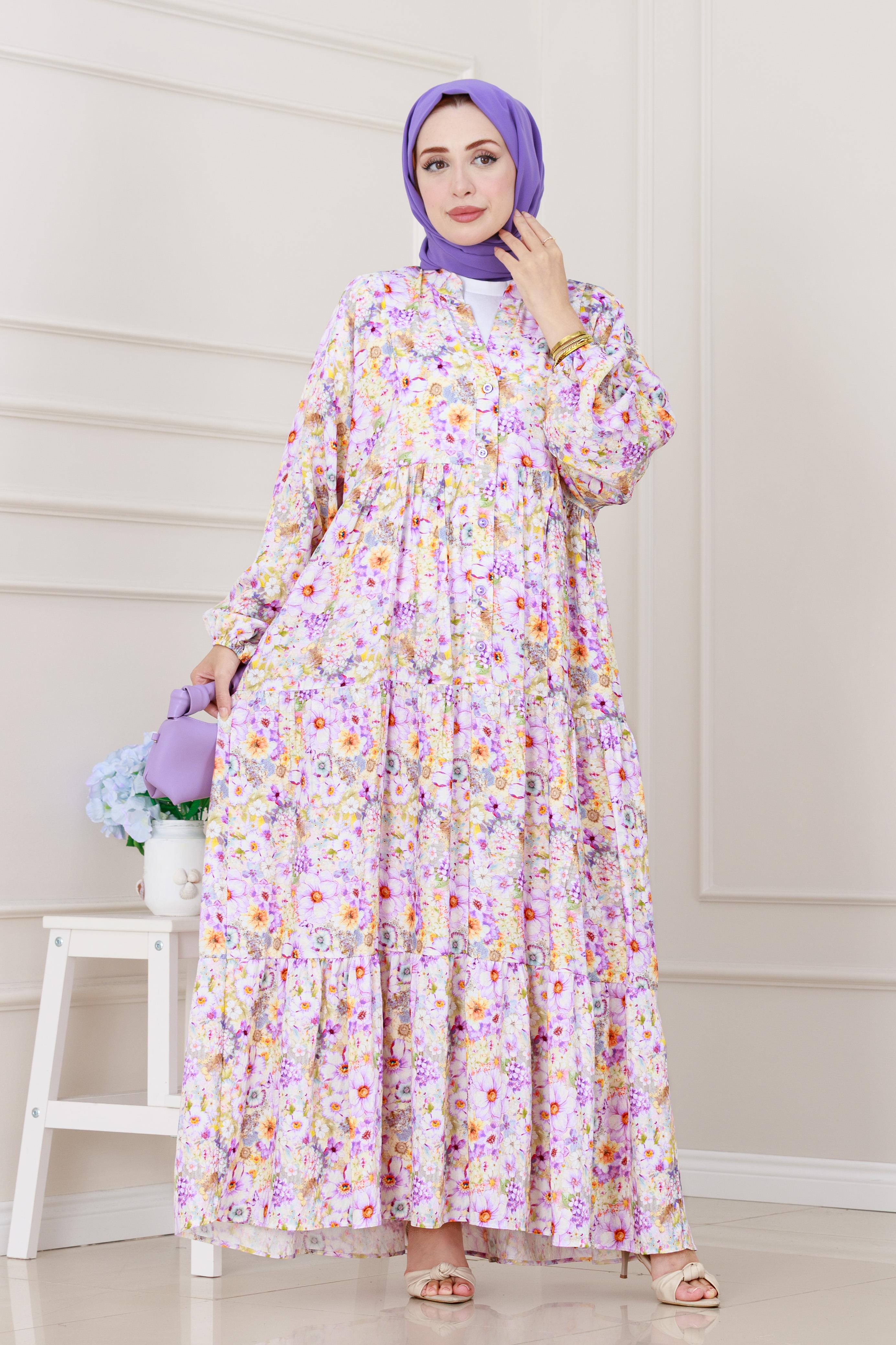 Lilyum Çiçekli Elbise-Mor