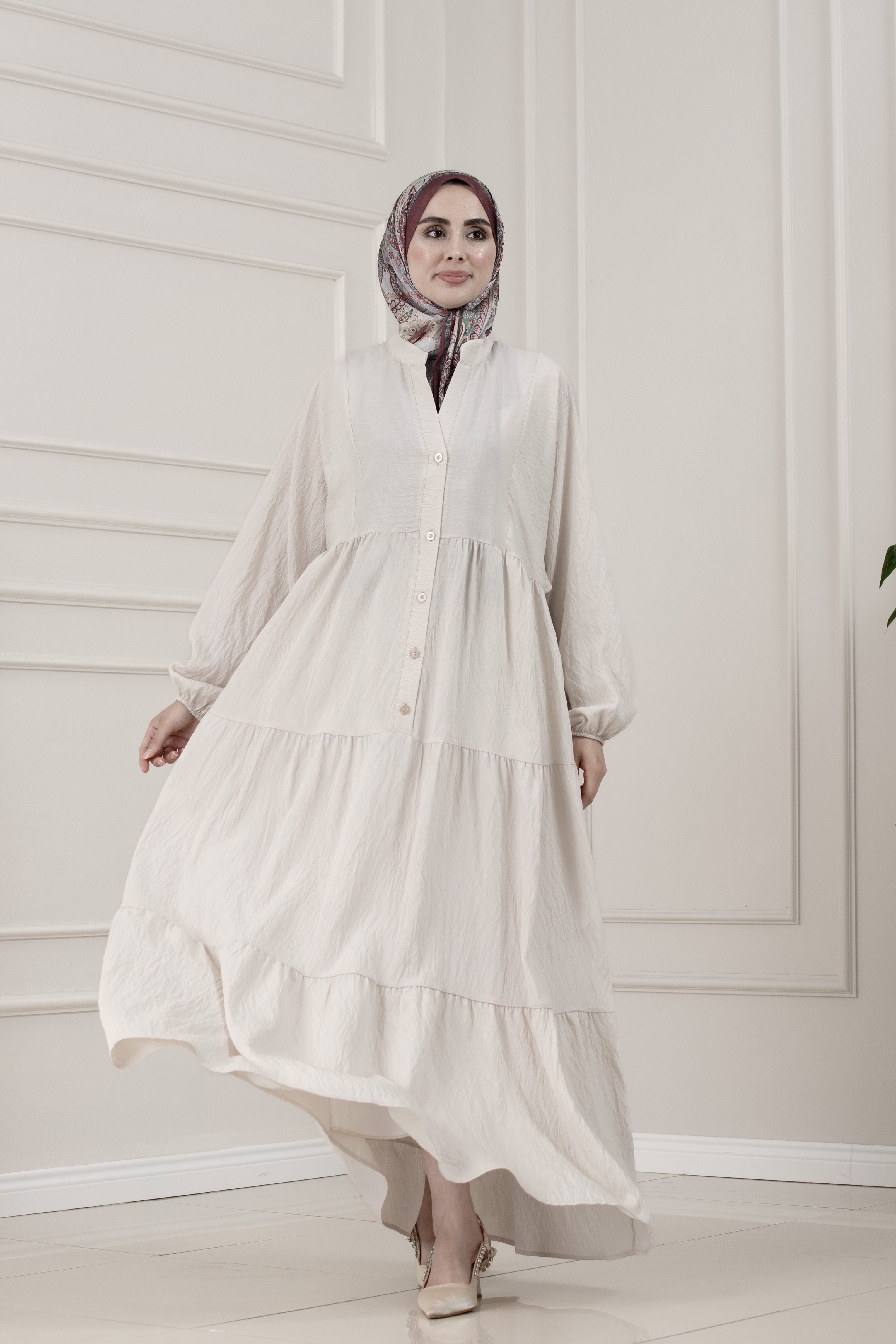 Lilyum Kumaş Robalı Katya Elbise-BEJ