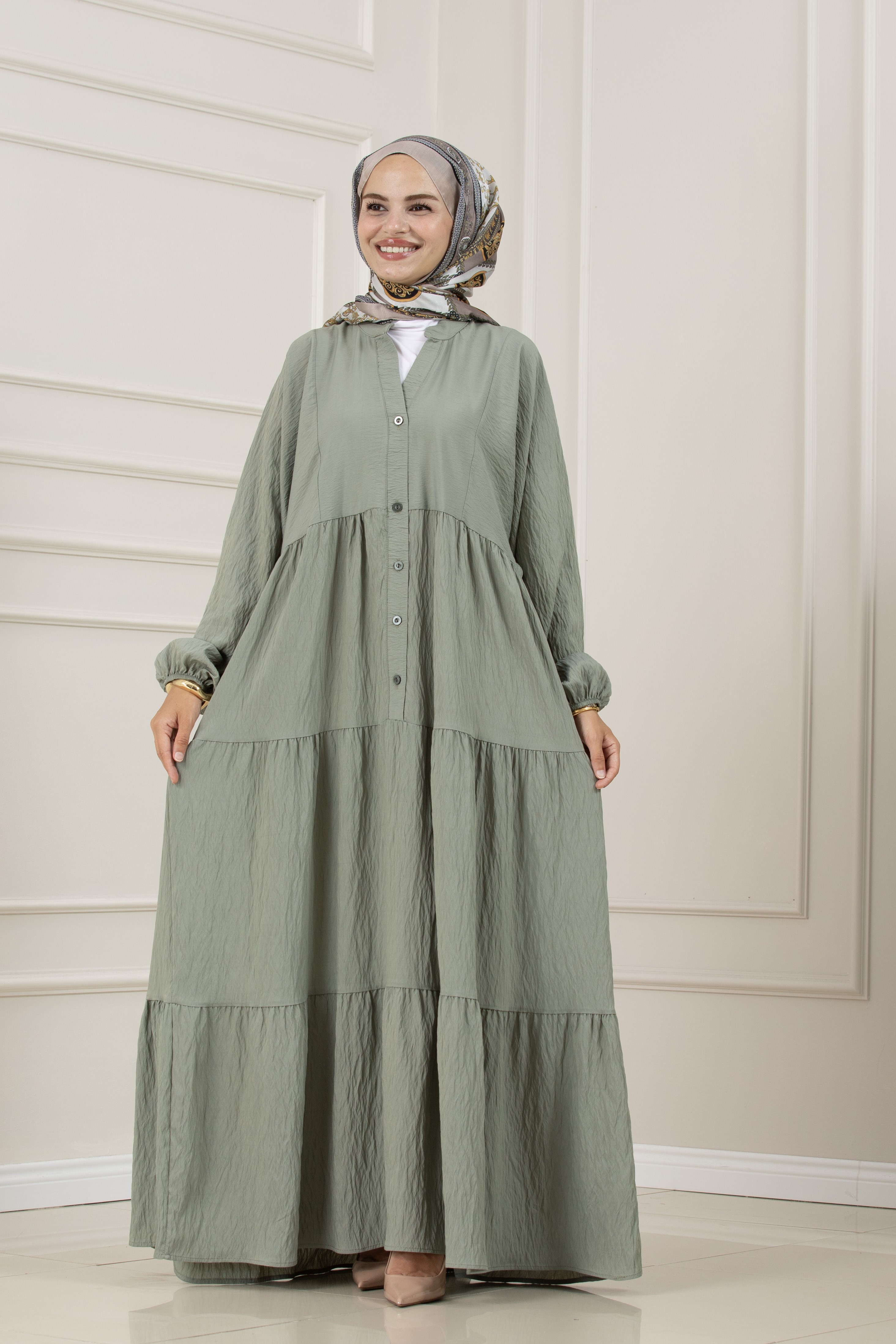 Lilyum Kumaş Robalı Katya Elbise-MİNT YEŞİLİ