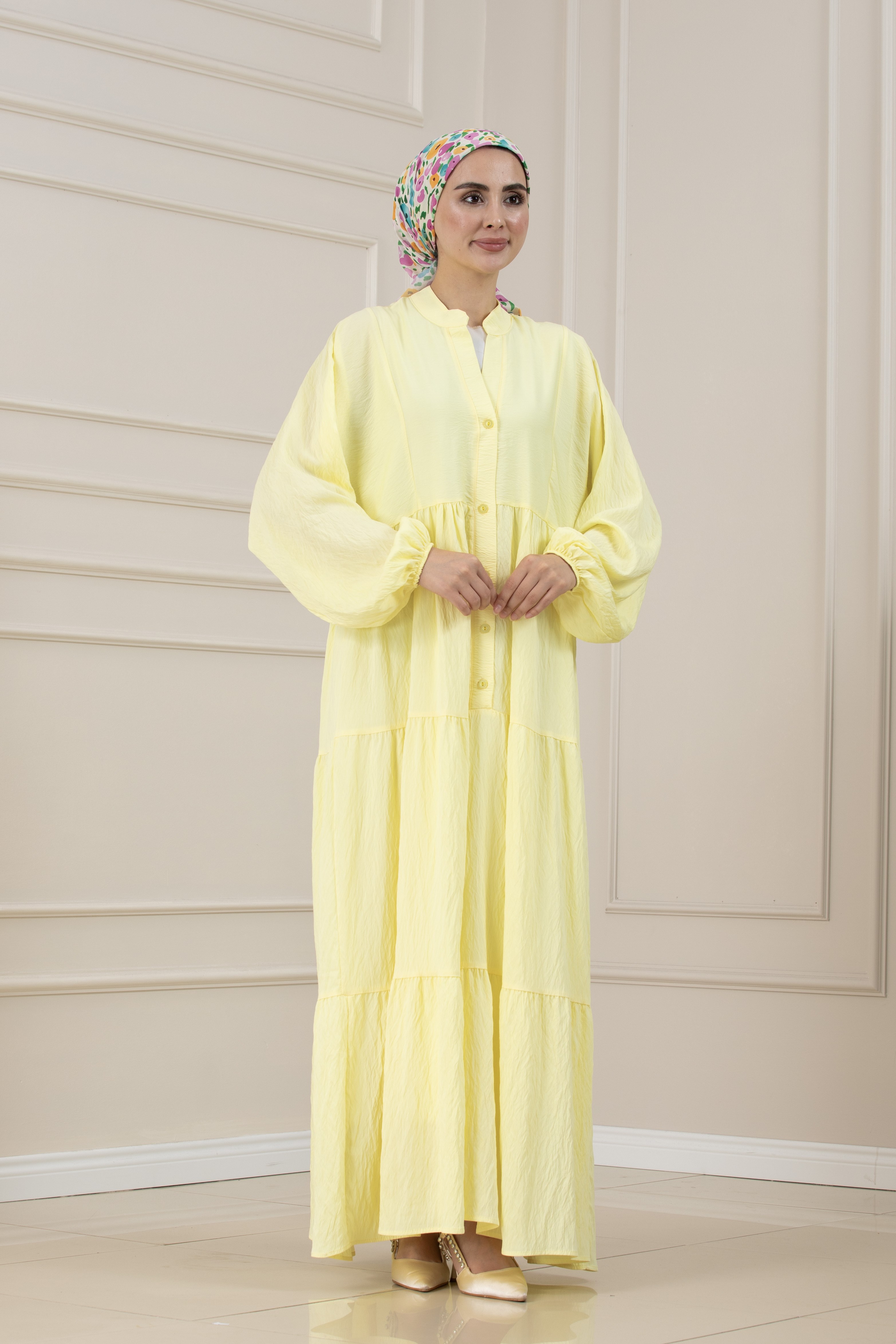 Lilyum Kumaş Robalı Katya Elbise-SARI