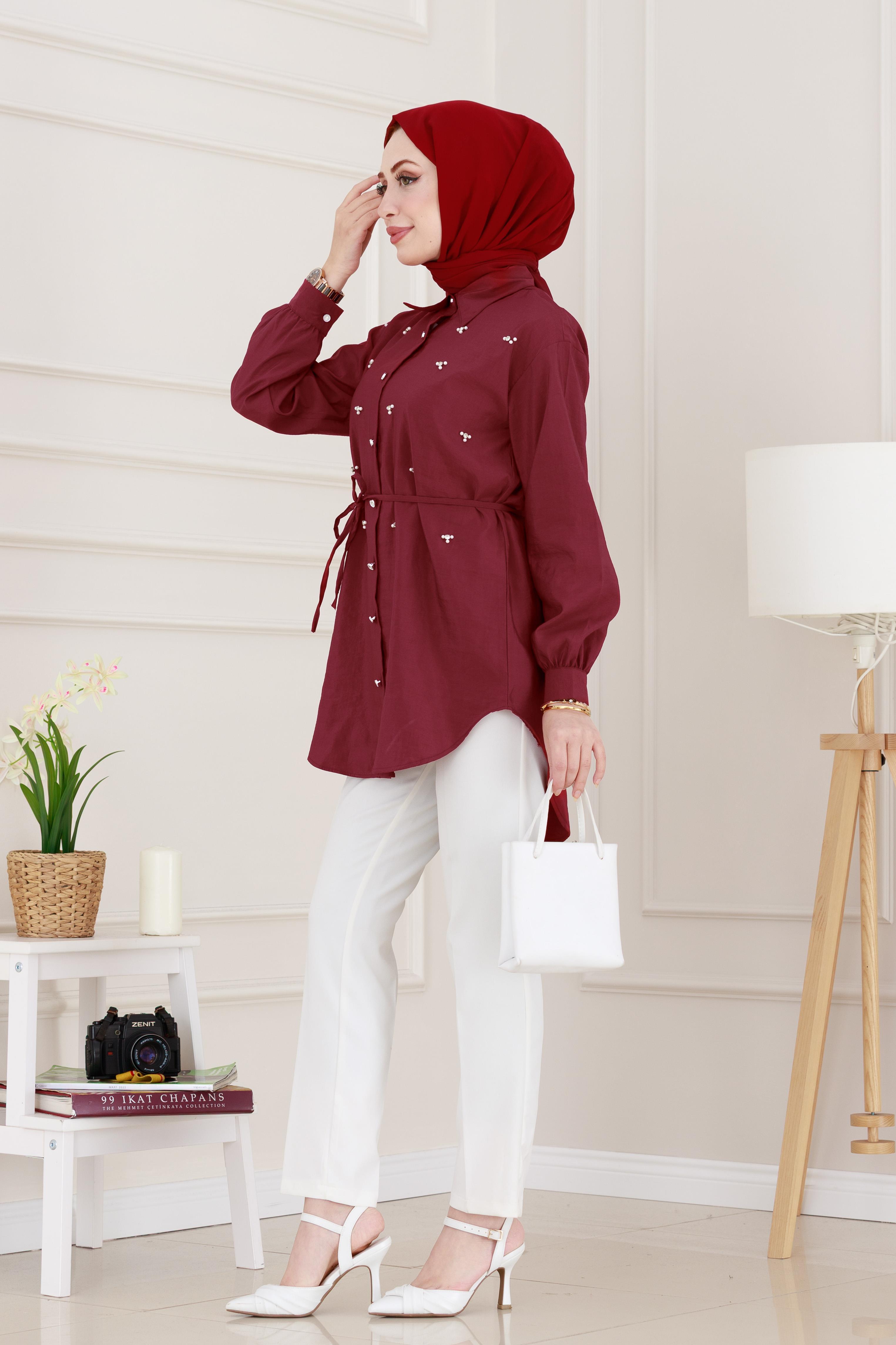 Monako Yaka Taşlı Tunik-Bordo