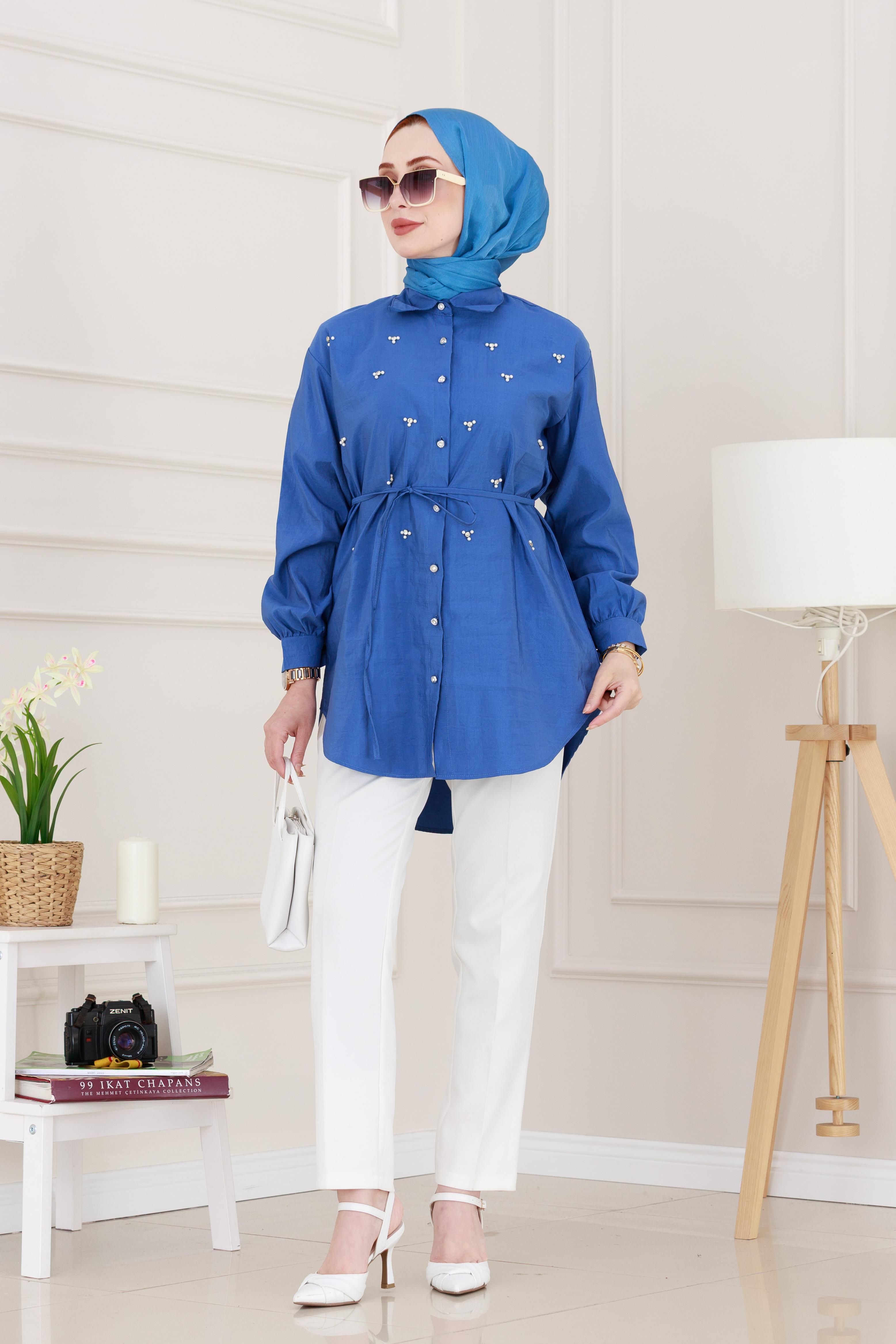 Monako Yaka Taşlı Tunik-Mavi