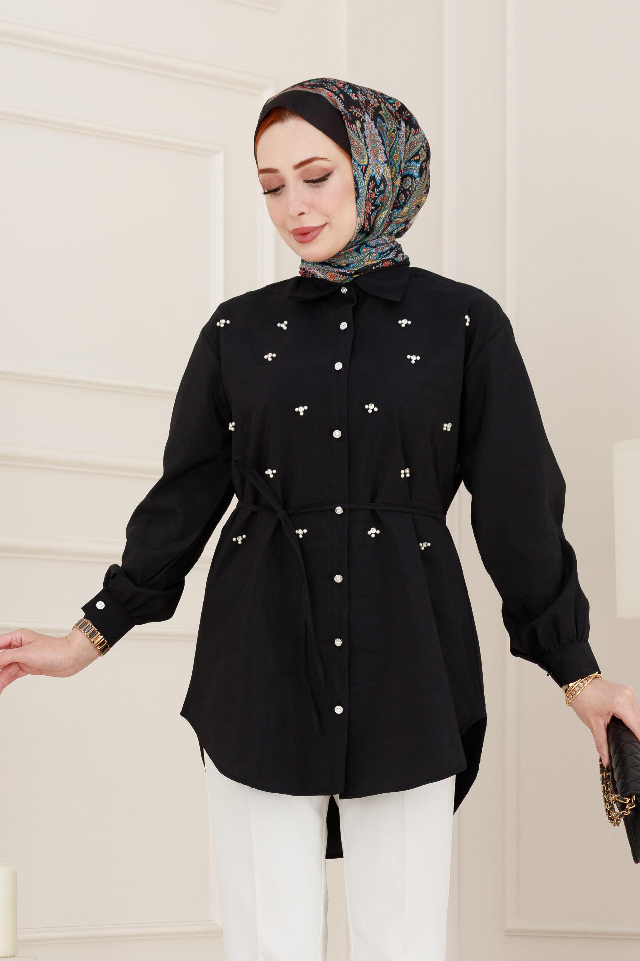 Monako Yaka Taşlı Tunik-Siyah