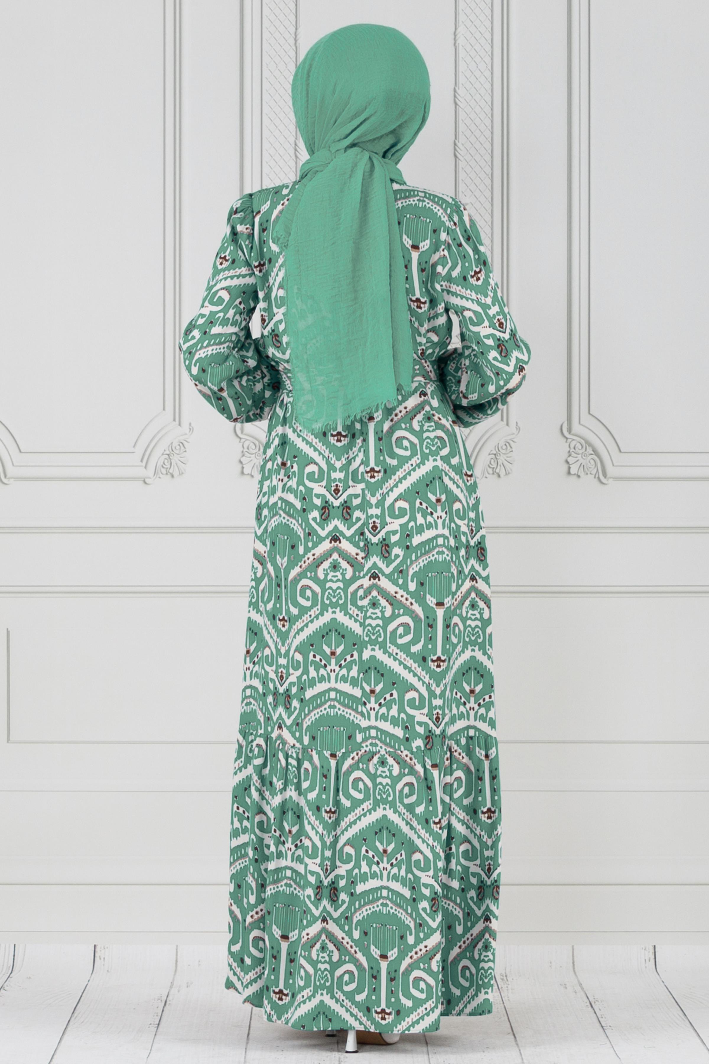 Motif Desen Beli Kuşaklı Viskon Elbise-Mint Yeşili