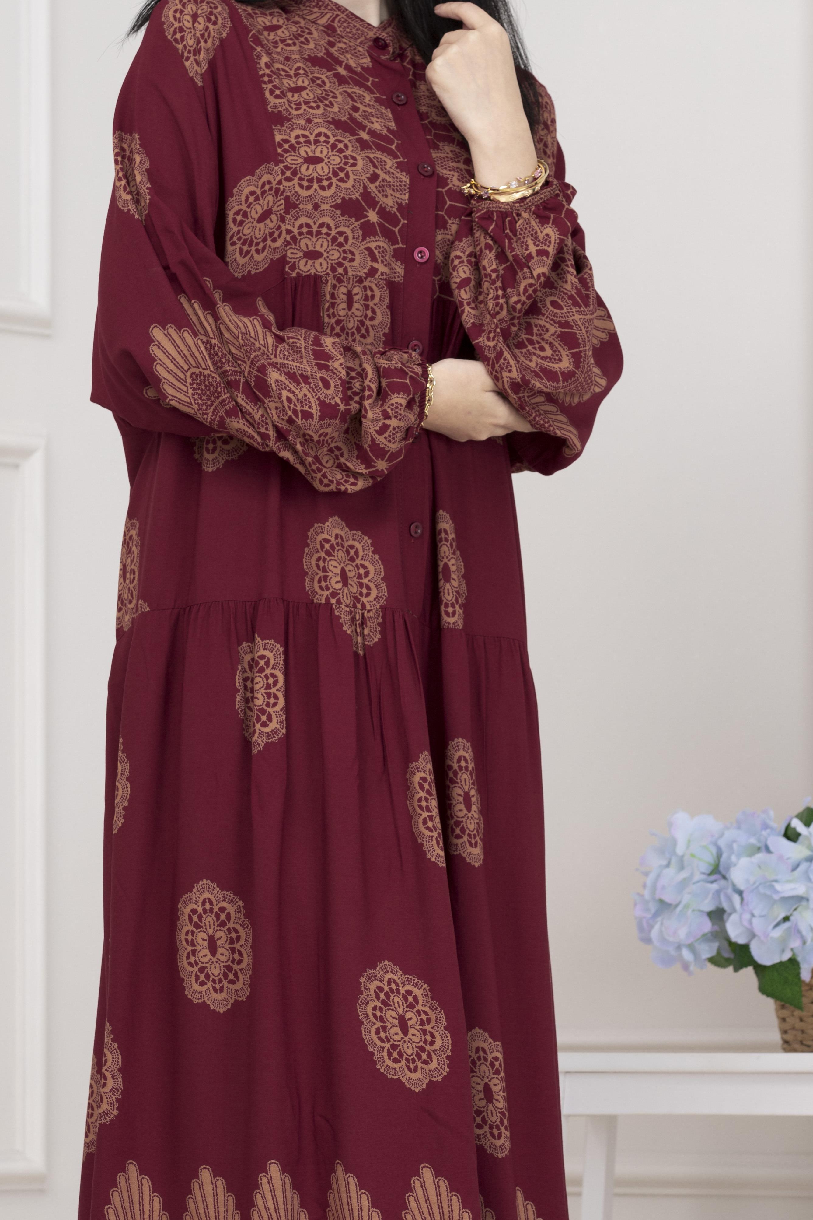 Motif Desen Robalı Viscon Tesettür Elbise-BORDO