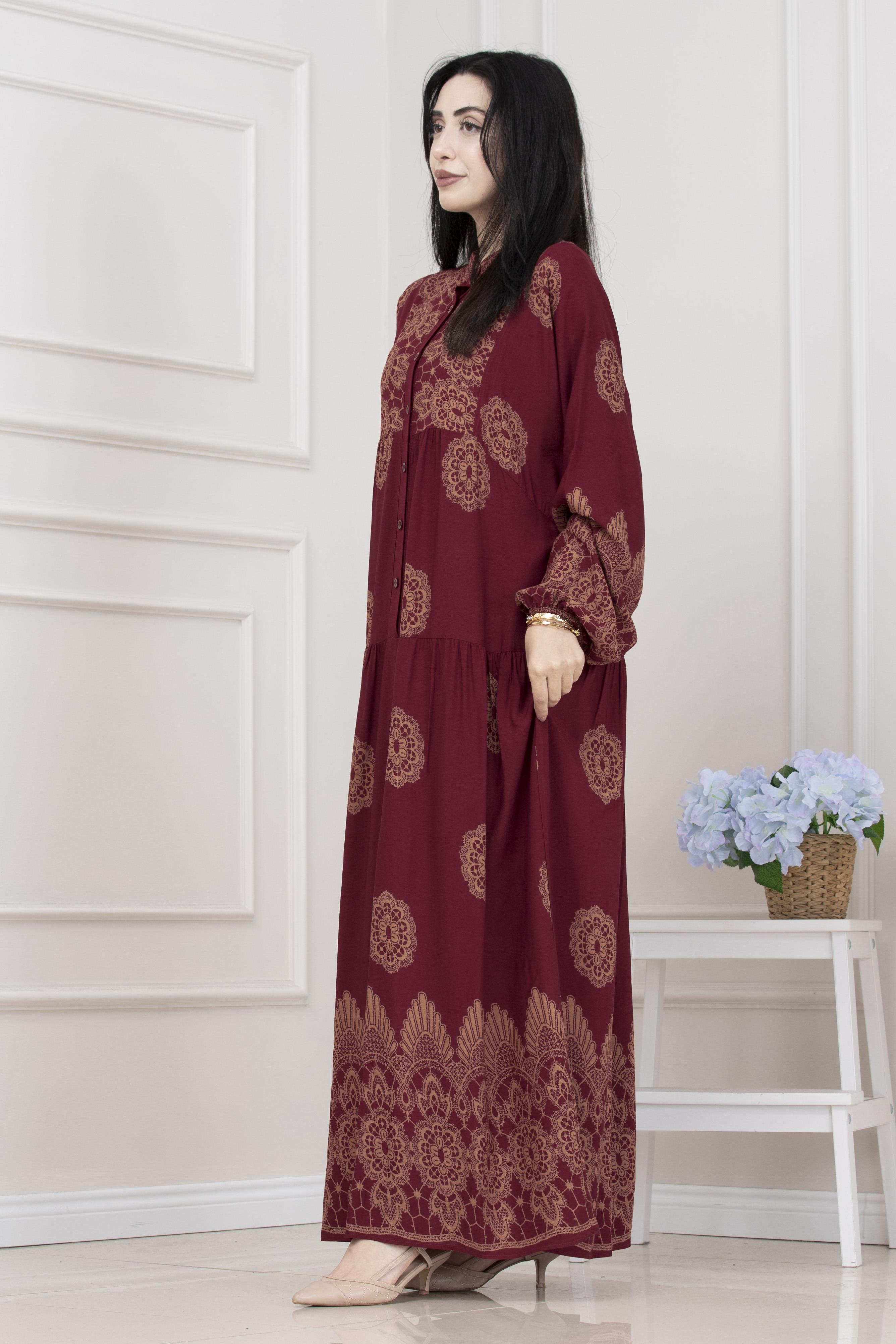 Motif Desen Robalı Viscon Tesettür Elbise-BORDO