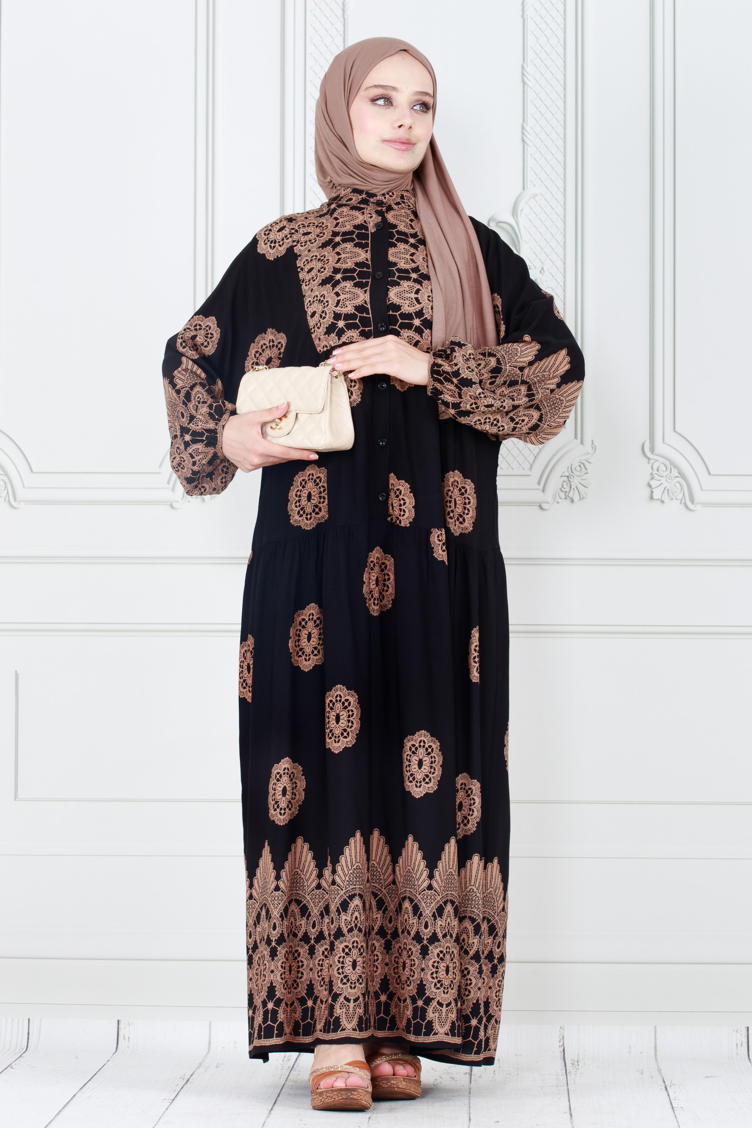 Motif Desen Robalı Viscon Tesettür Elbise-Siyah