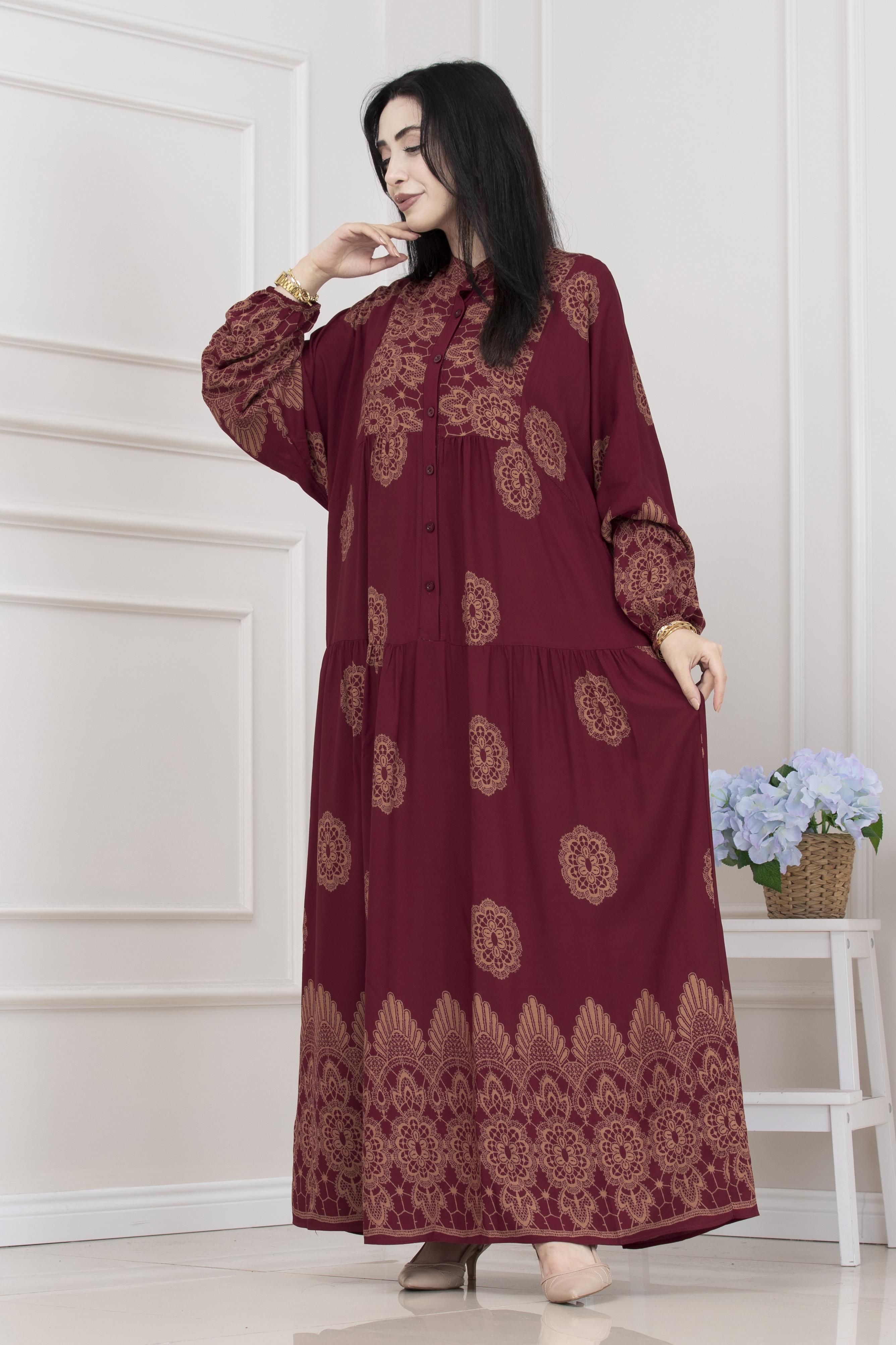 Motif Desen Robalı Viscon Tesettür Elbise-BORDO