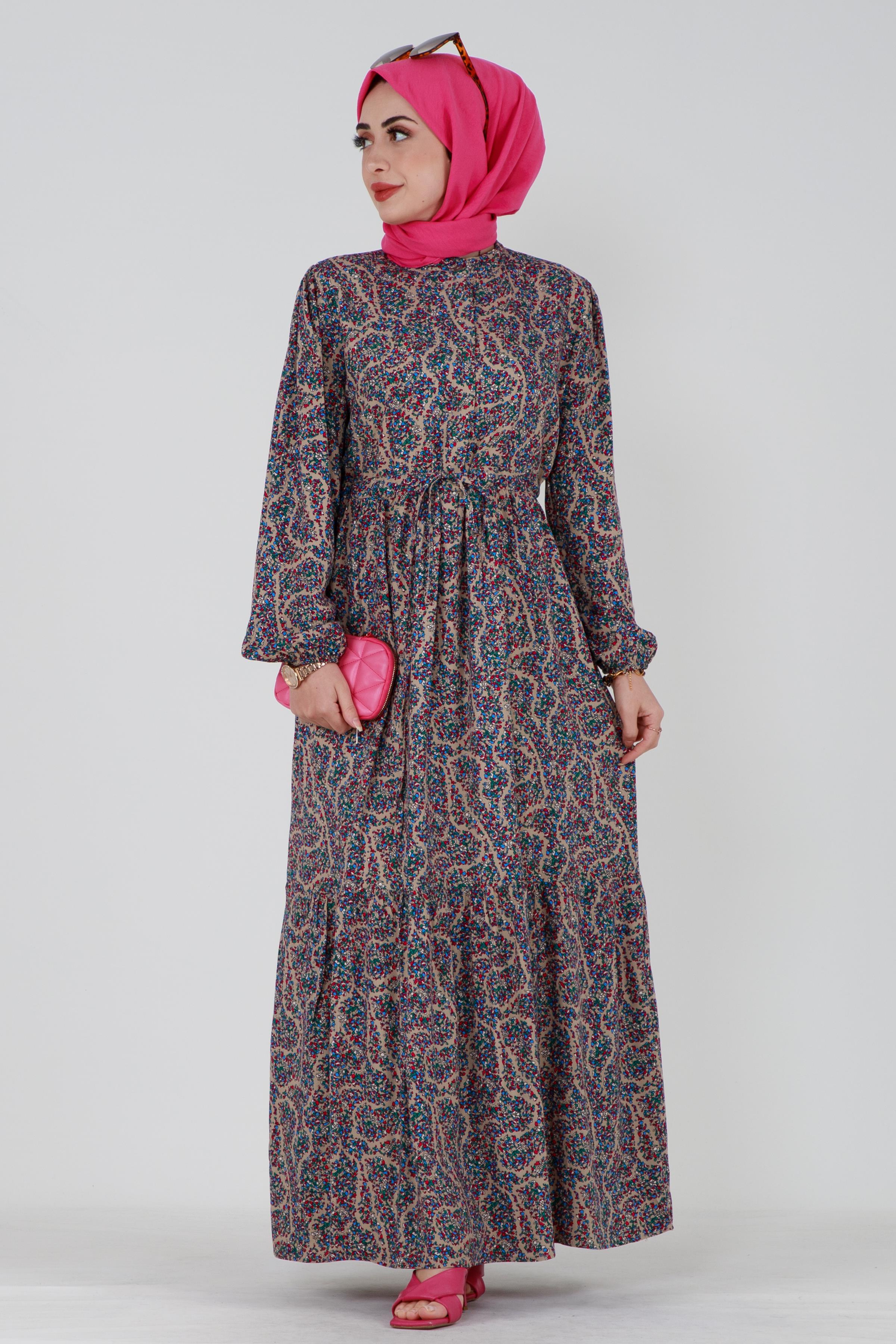 Mozaik Pattern Belted Tunnel Viscose Dress - Mink