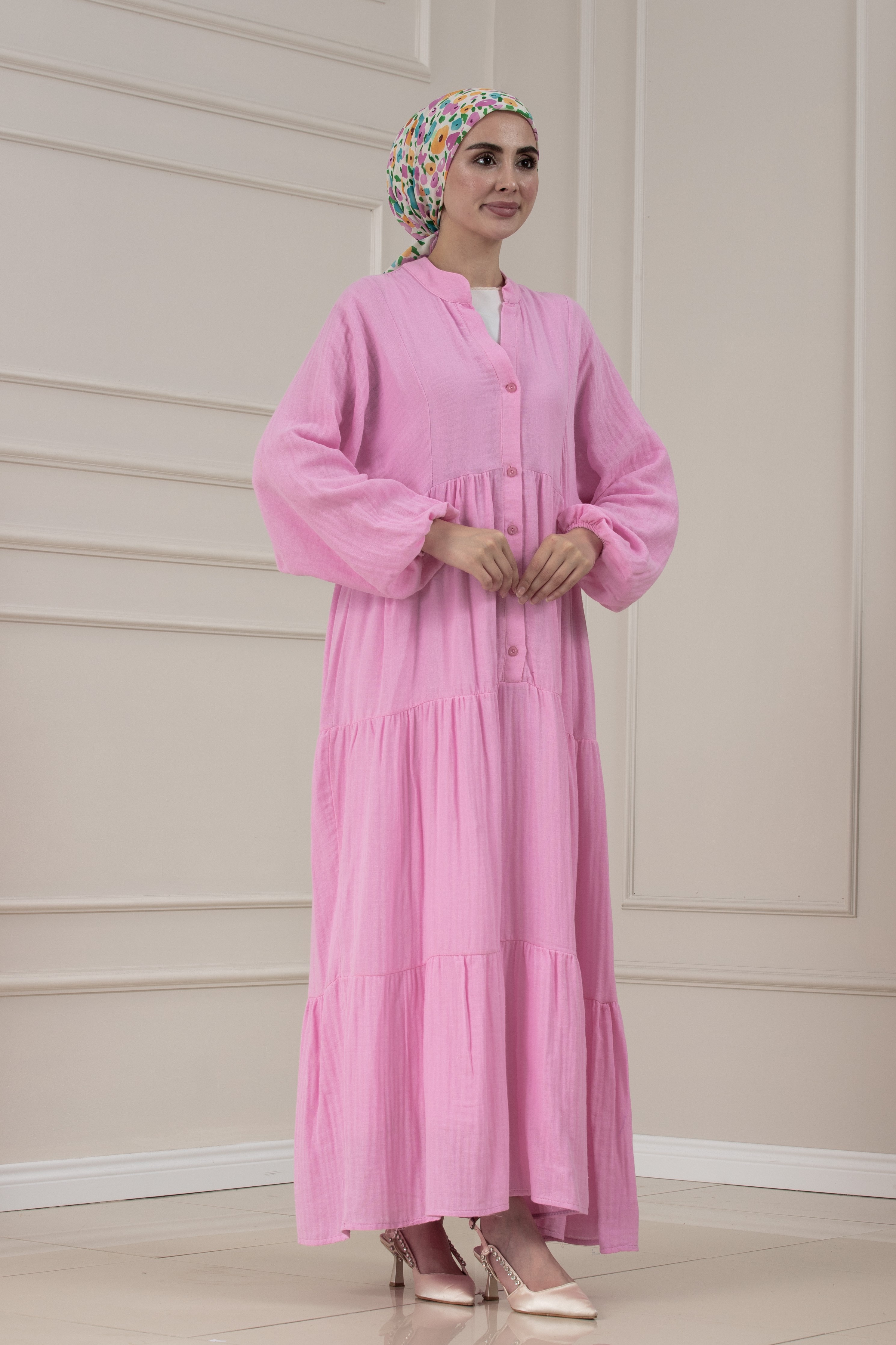 Müslin Kumaş Robalı İvana Elbise-PEMBE