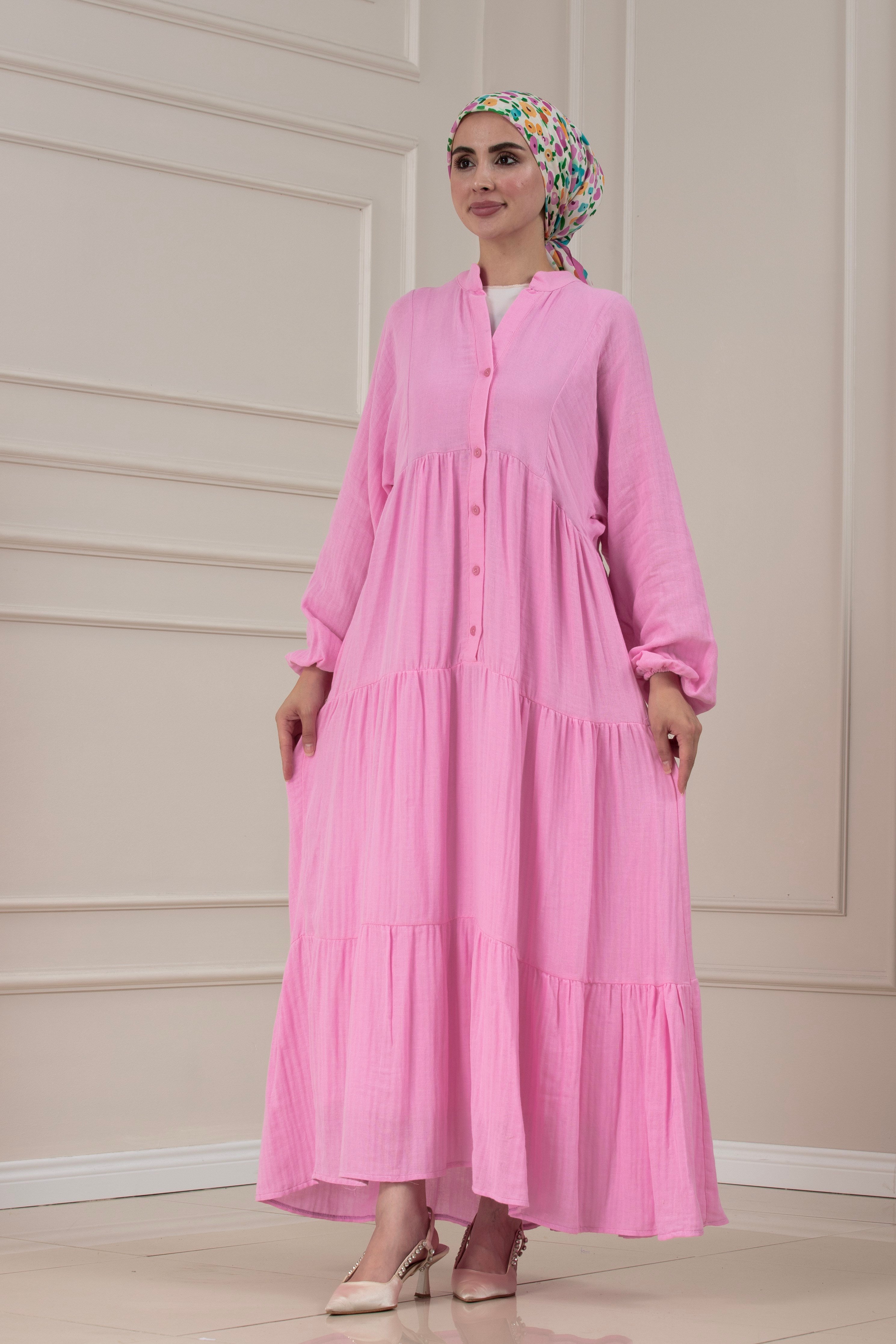 Müslin Kumaş Robalı İvana Elbise-PEMBE