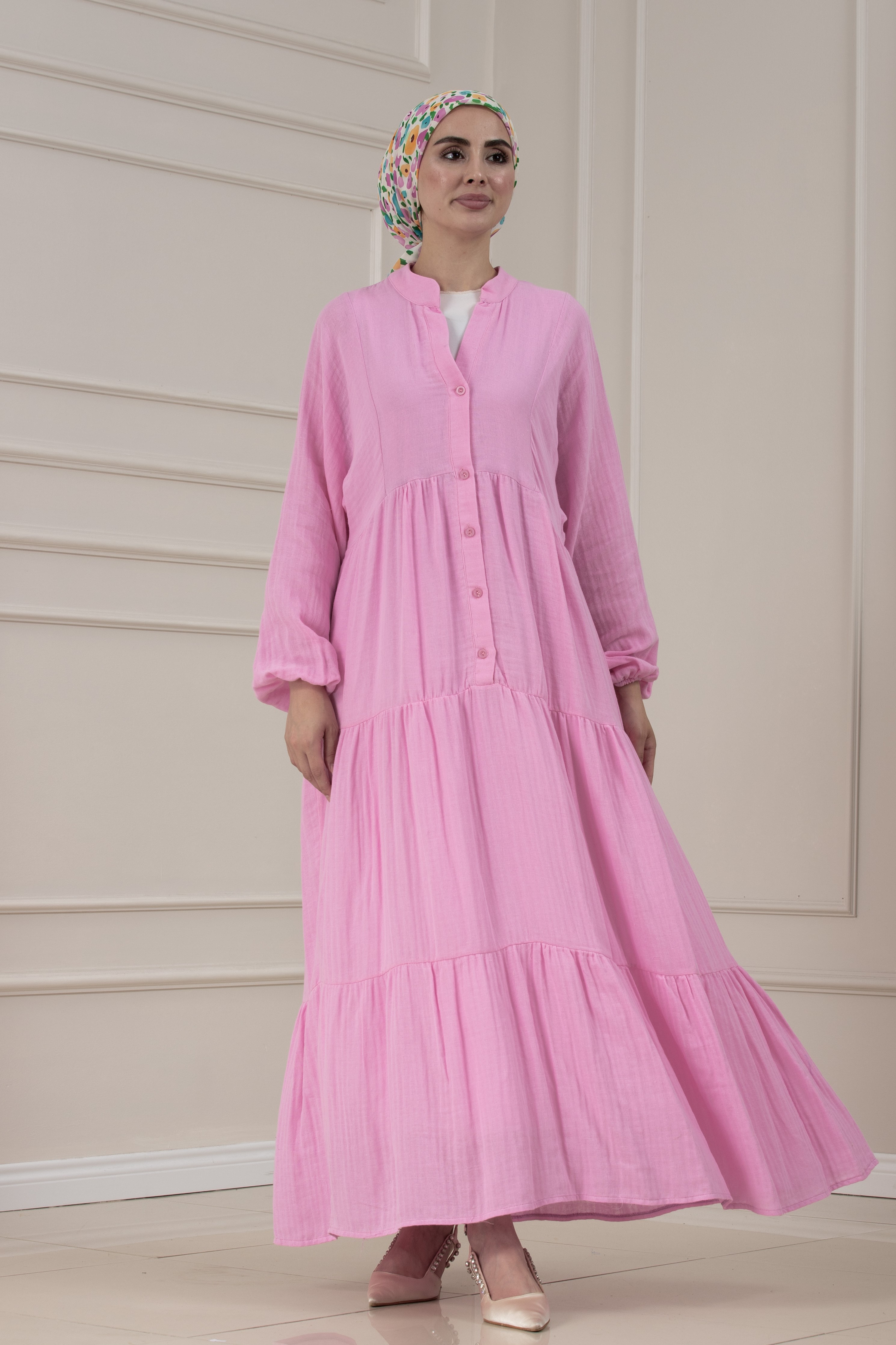 Müslin Kumaş Robalı İvana Elbise-PEMBE
