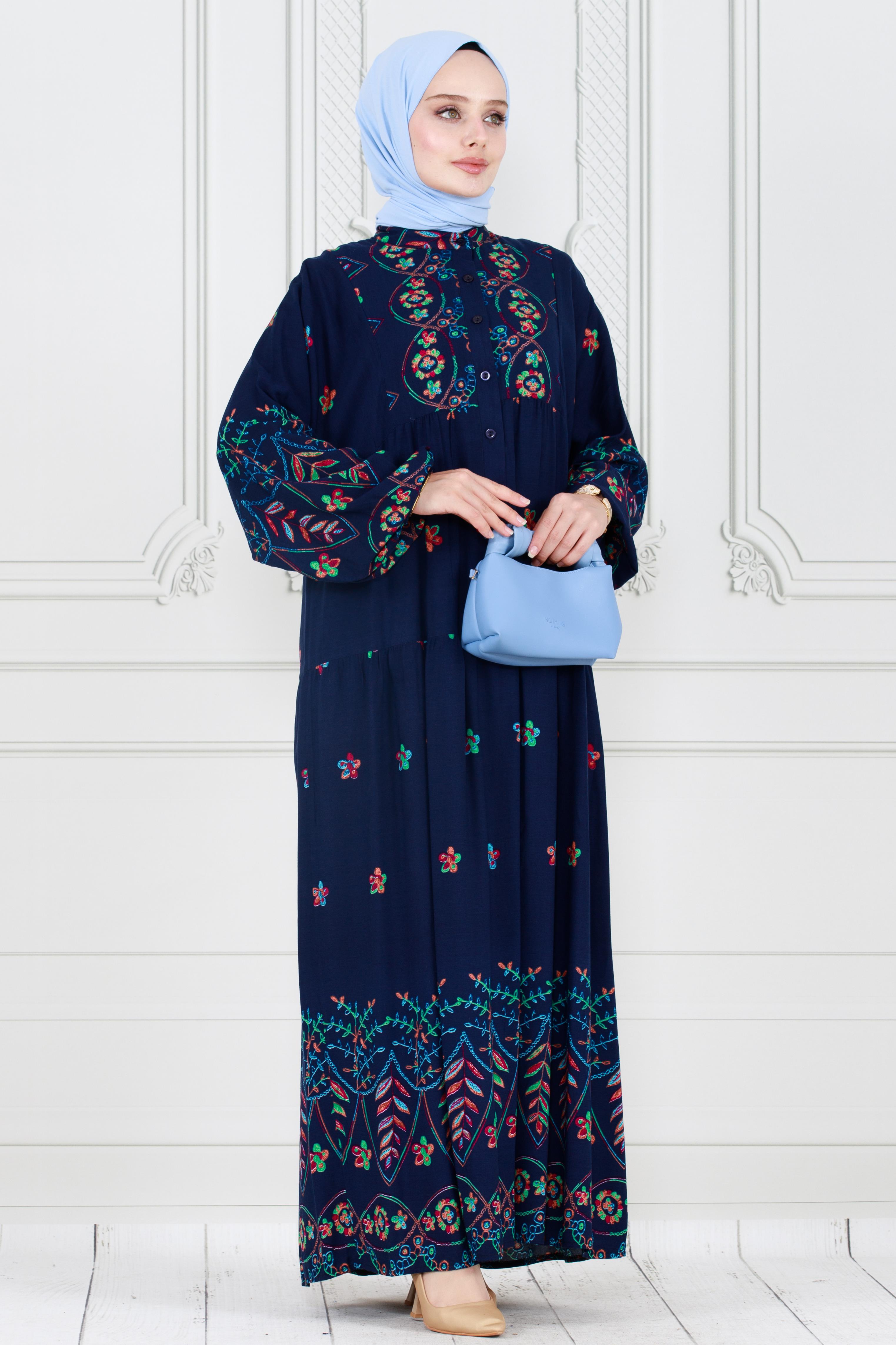Patterned and Embroidered Viscose Dress - dark blue