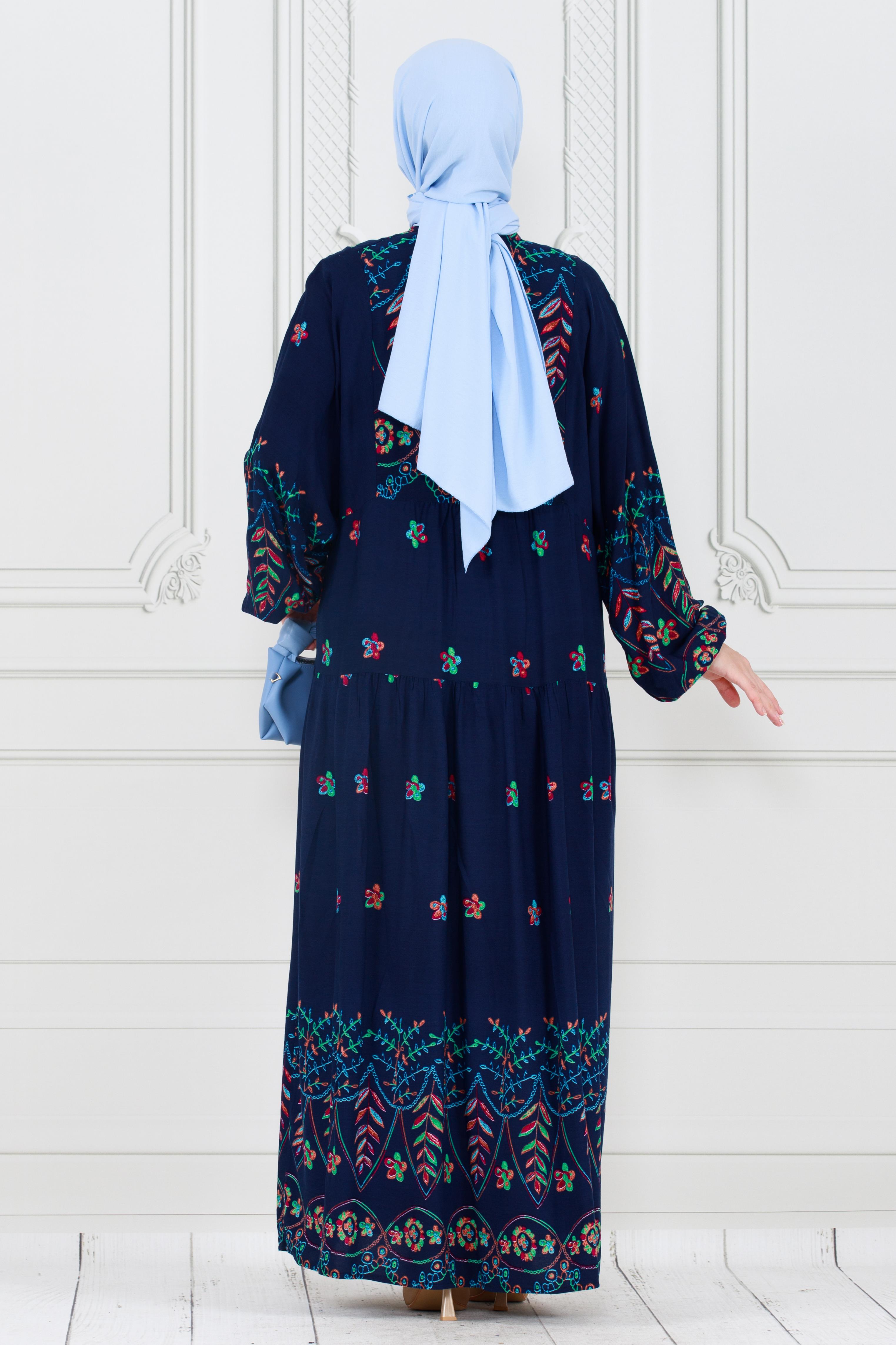 Patterned and Embroidered Viscose Dress - dark blue