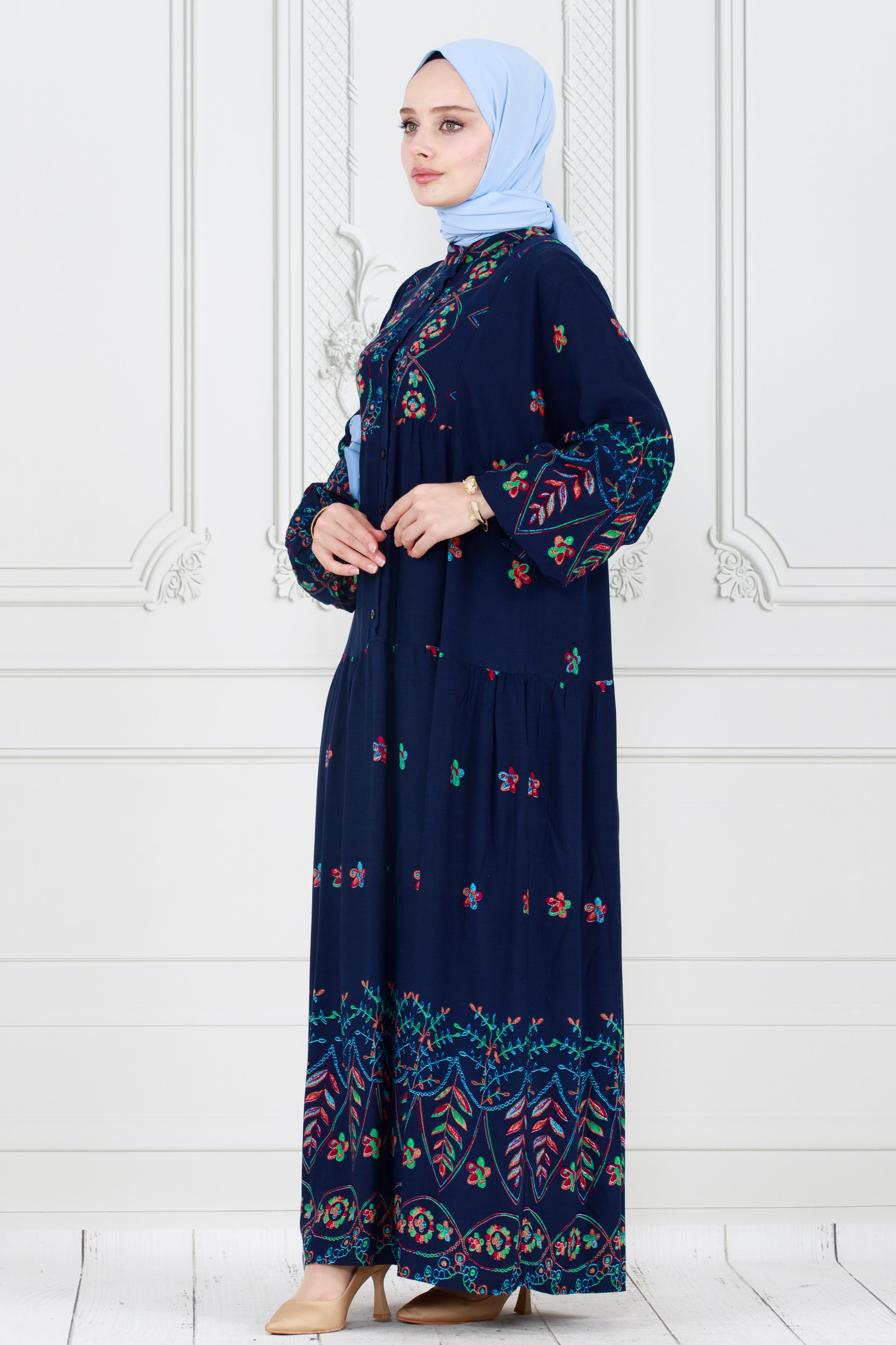 Patterned and Embroidered Viscose Dress - dark blue