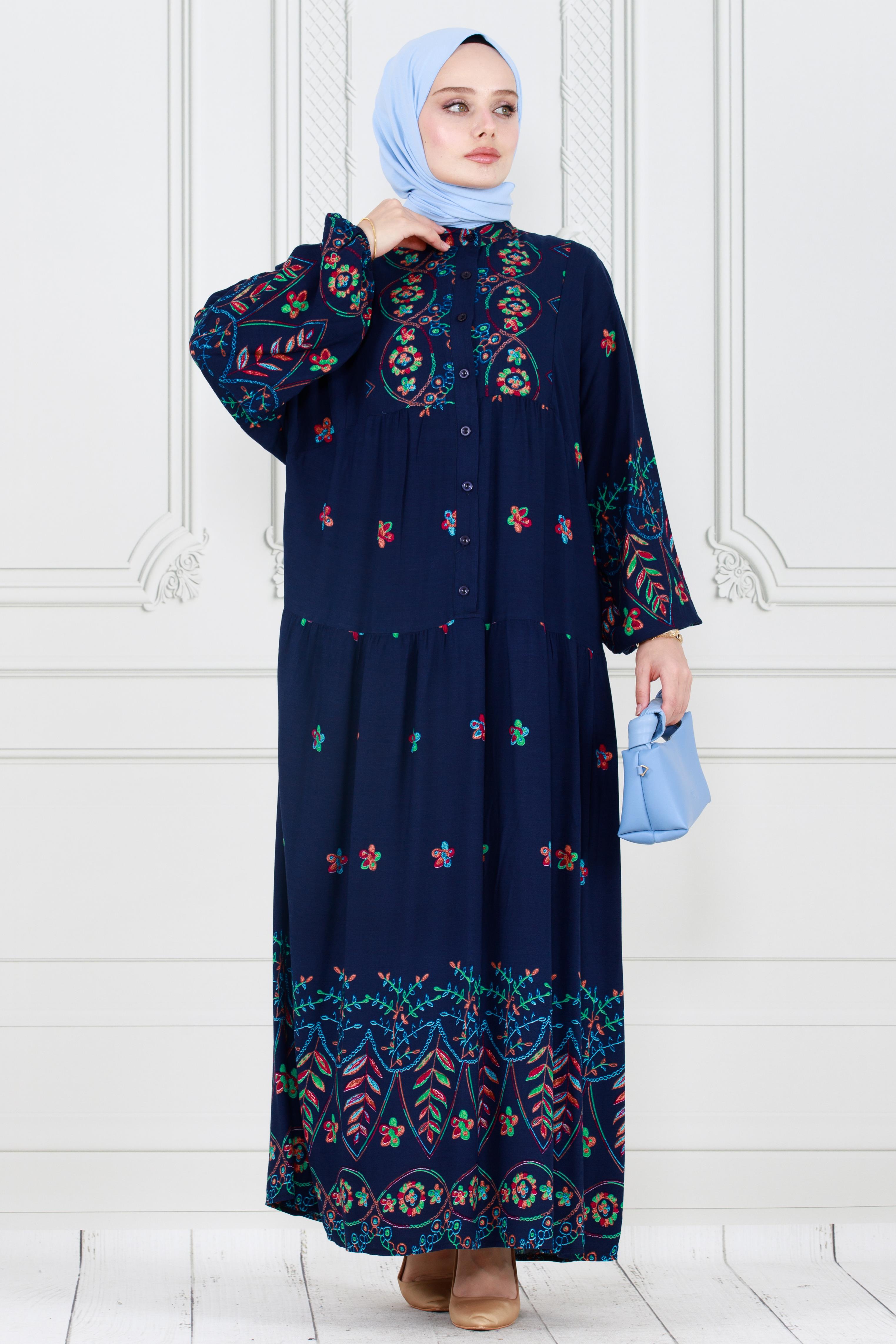Patterned and Embroidered Viscose Dress - dark blue