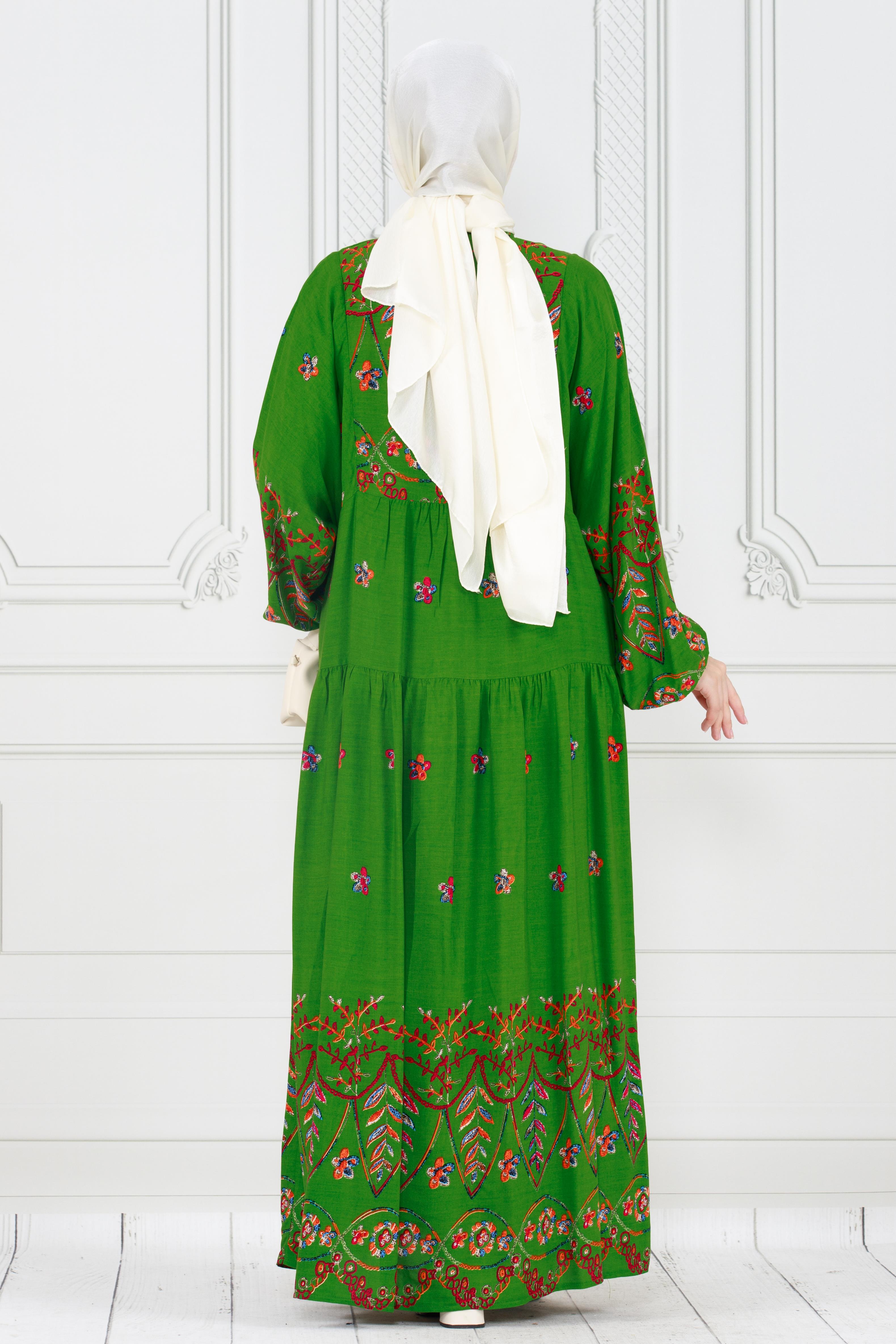 Patterned and Embroidered Viscose Dress - green