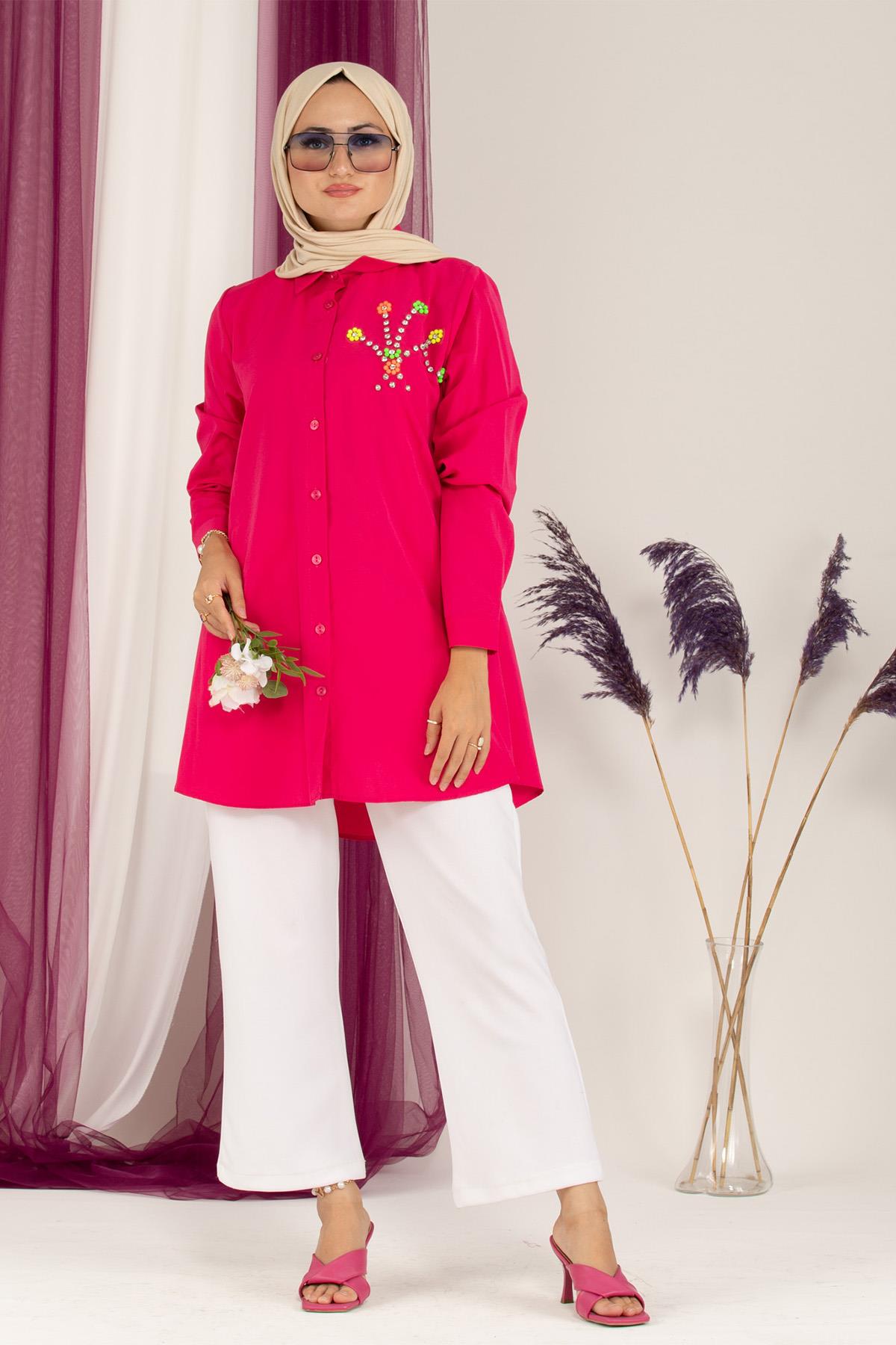 Neon Bead Detailed Tunic-Fuchsia