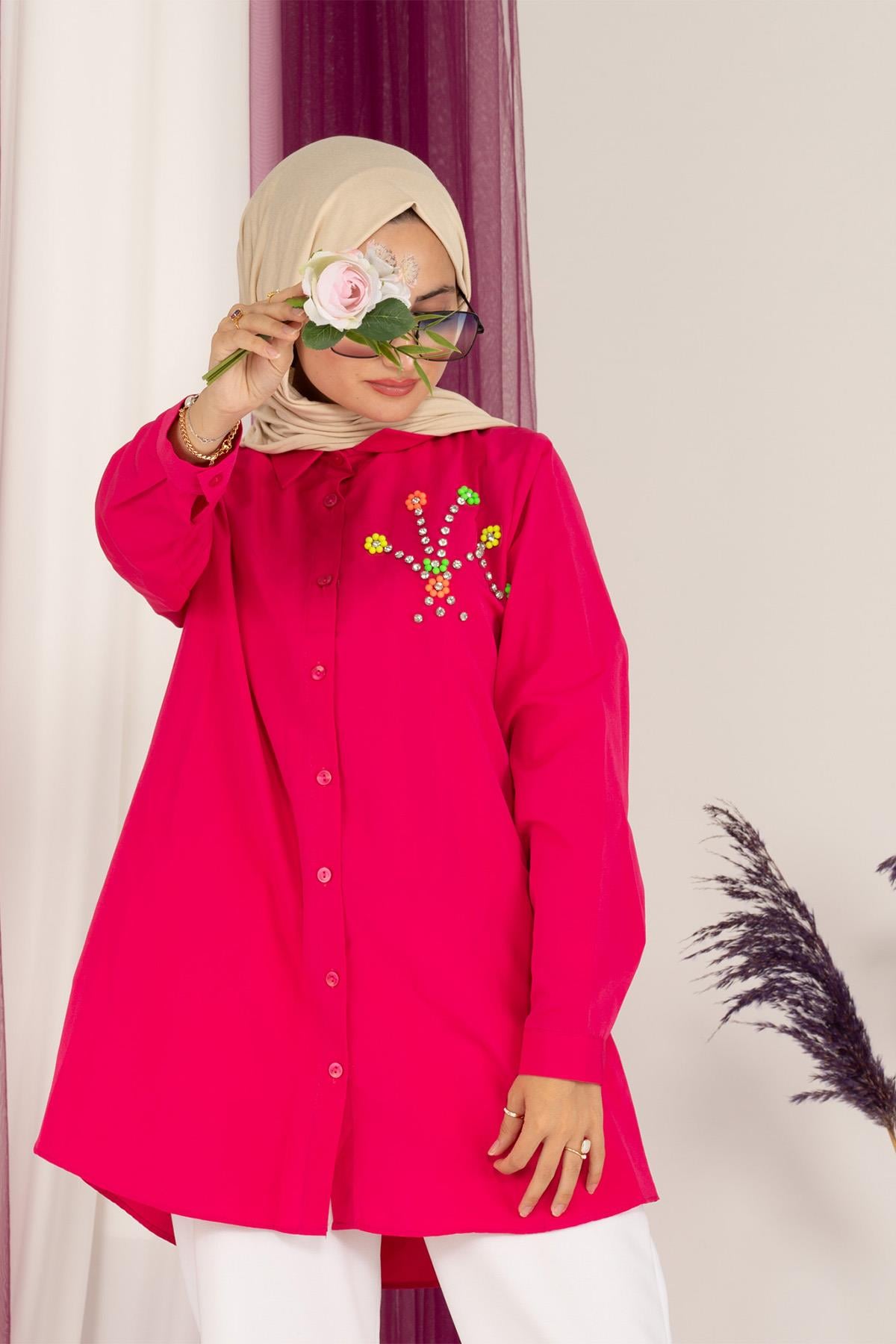 Neon Bead Detailed Tunic-Fuchsia