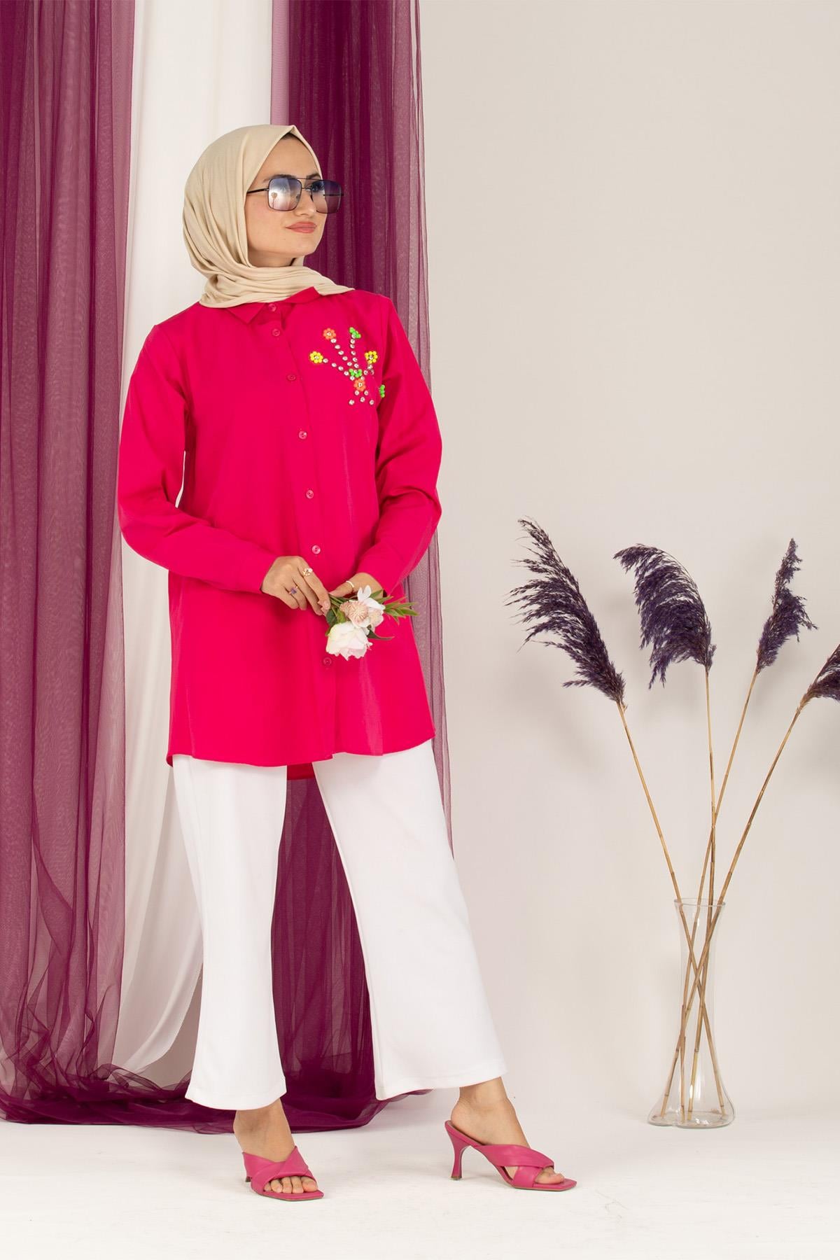 Neon Bead Detailed Tunic-Fuchsia