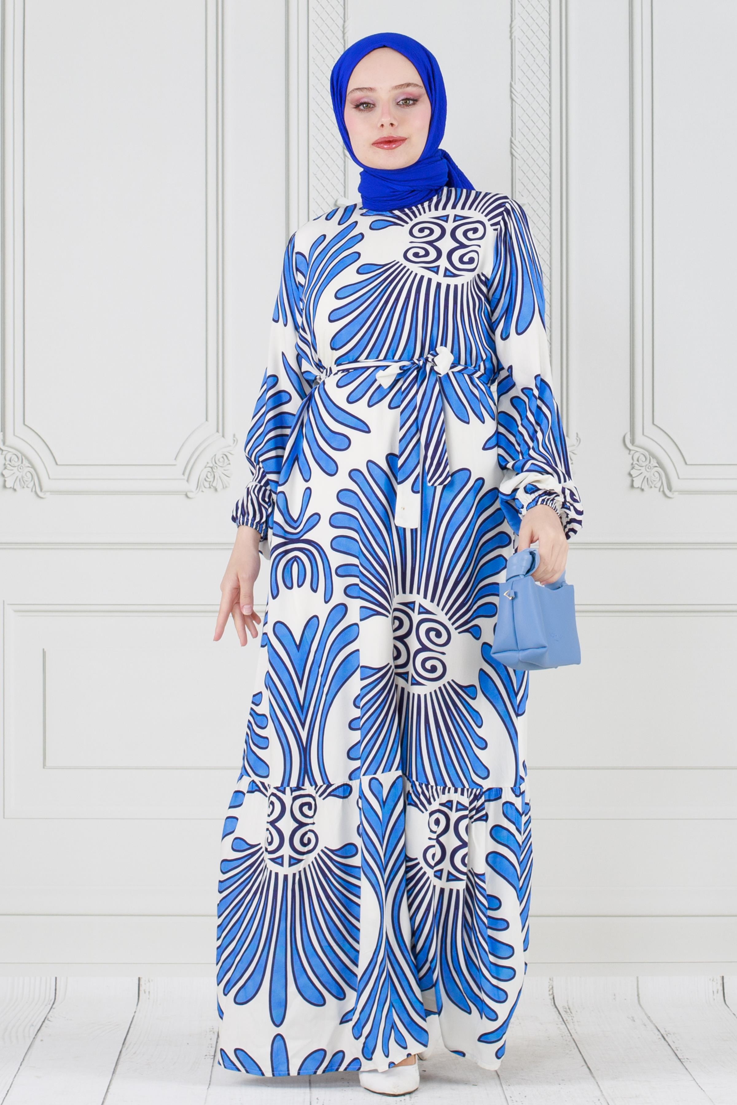 Belted Waist Viscose Dress-Bleu