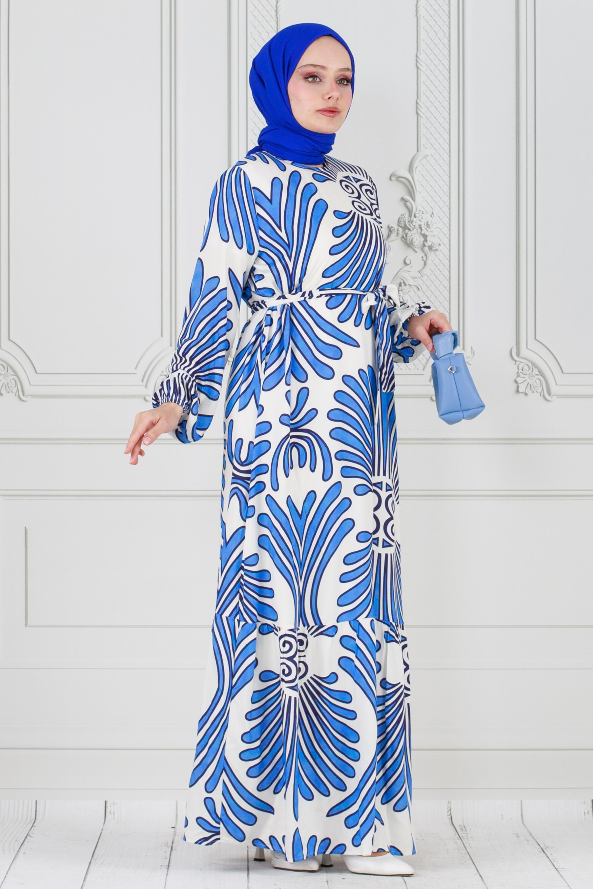 Belted Waist Viscose Dress-Bleu