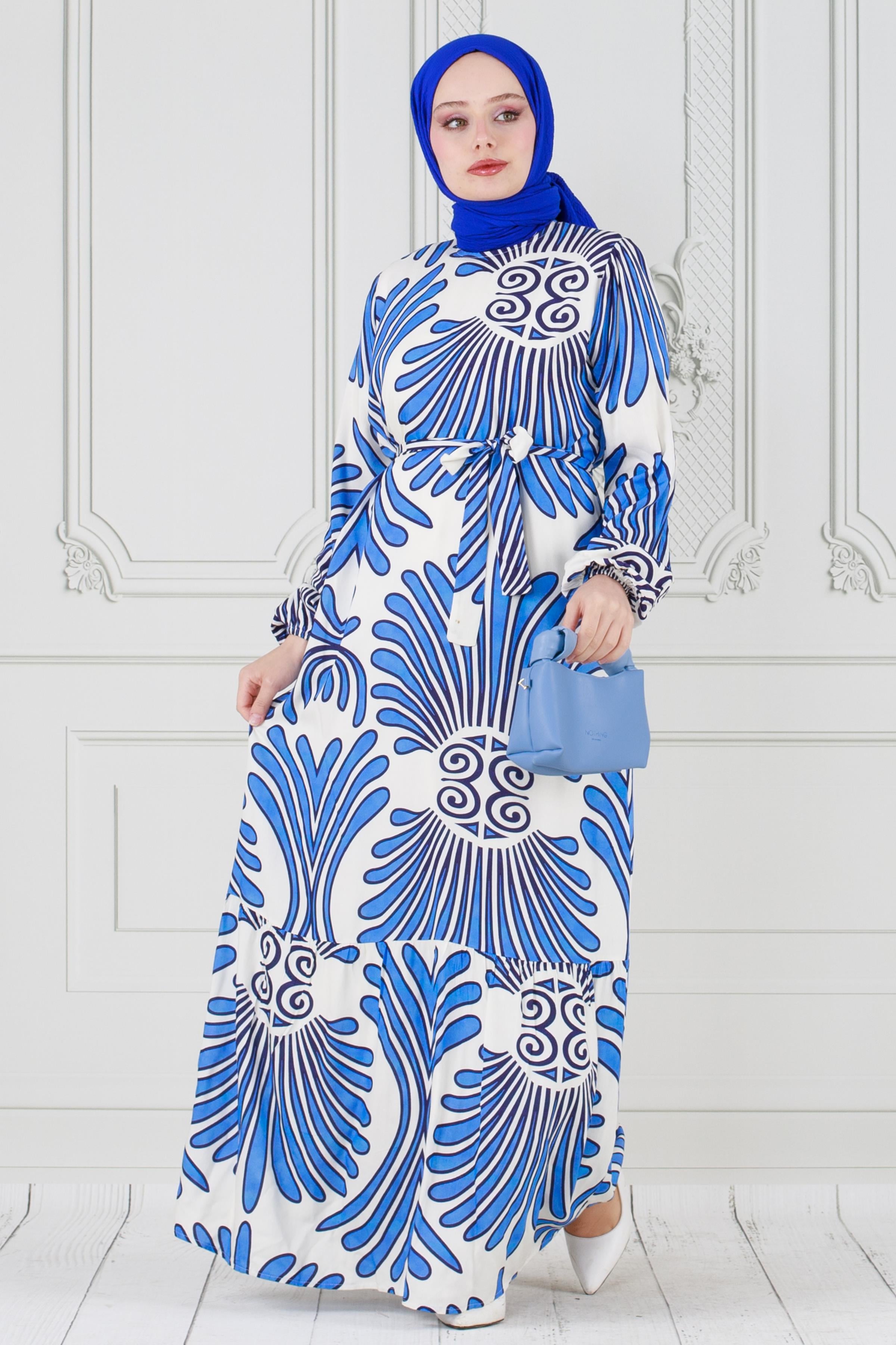 Belted Waist Viscose Dress-Bleu