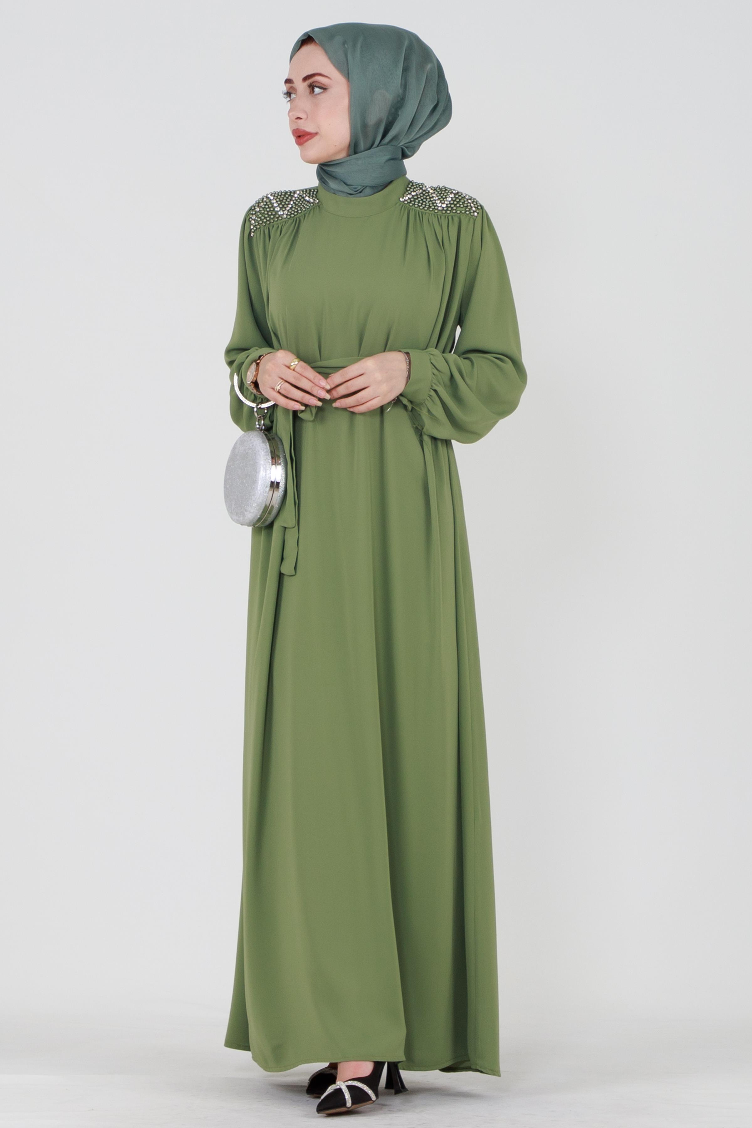 Hijab Dress with Embroidered Shoulders and Belted Waist - Pistachio Green