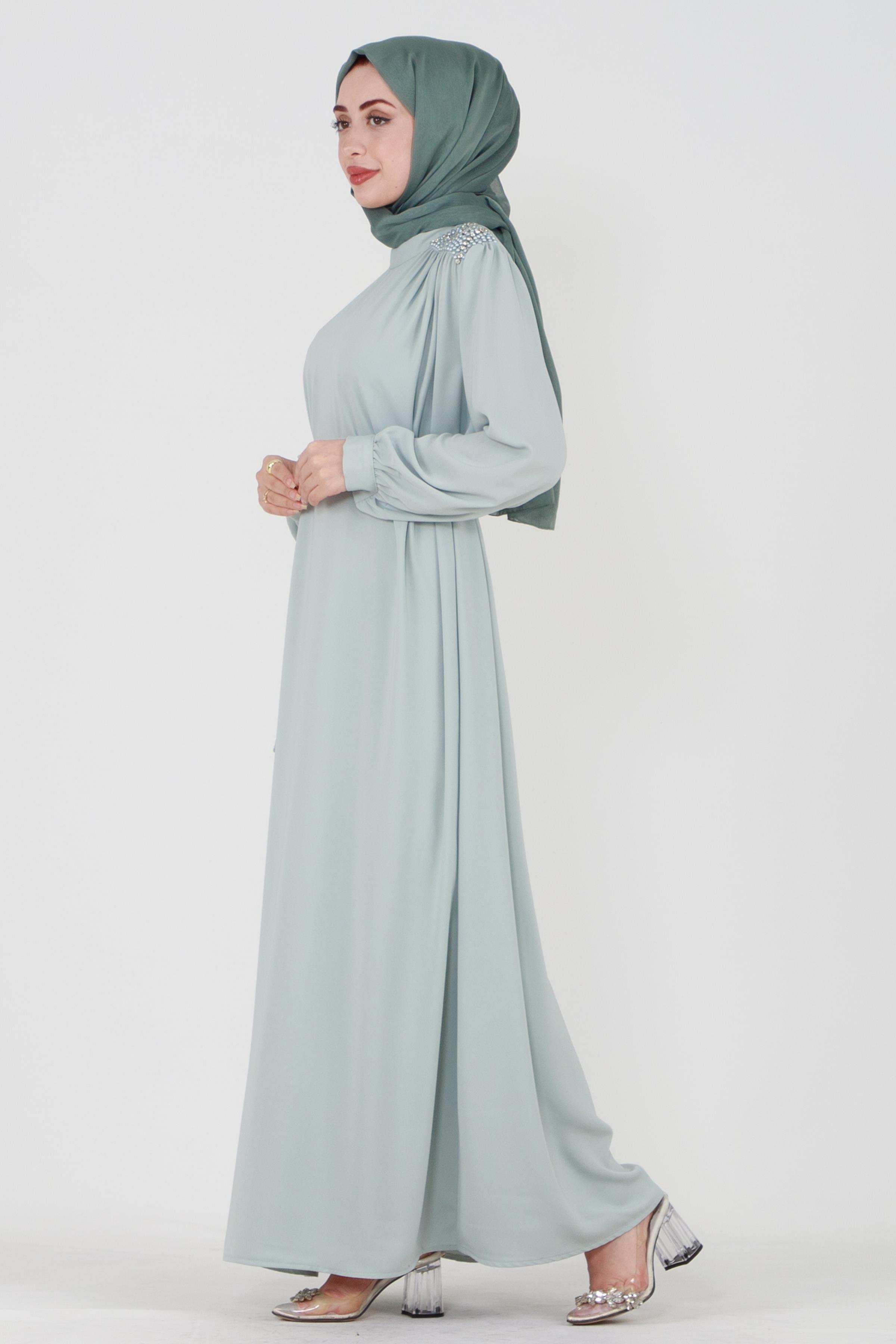 Hijab Dress with Embroidered Shoulders and Belted Waist - Mint Green