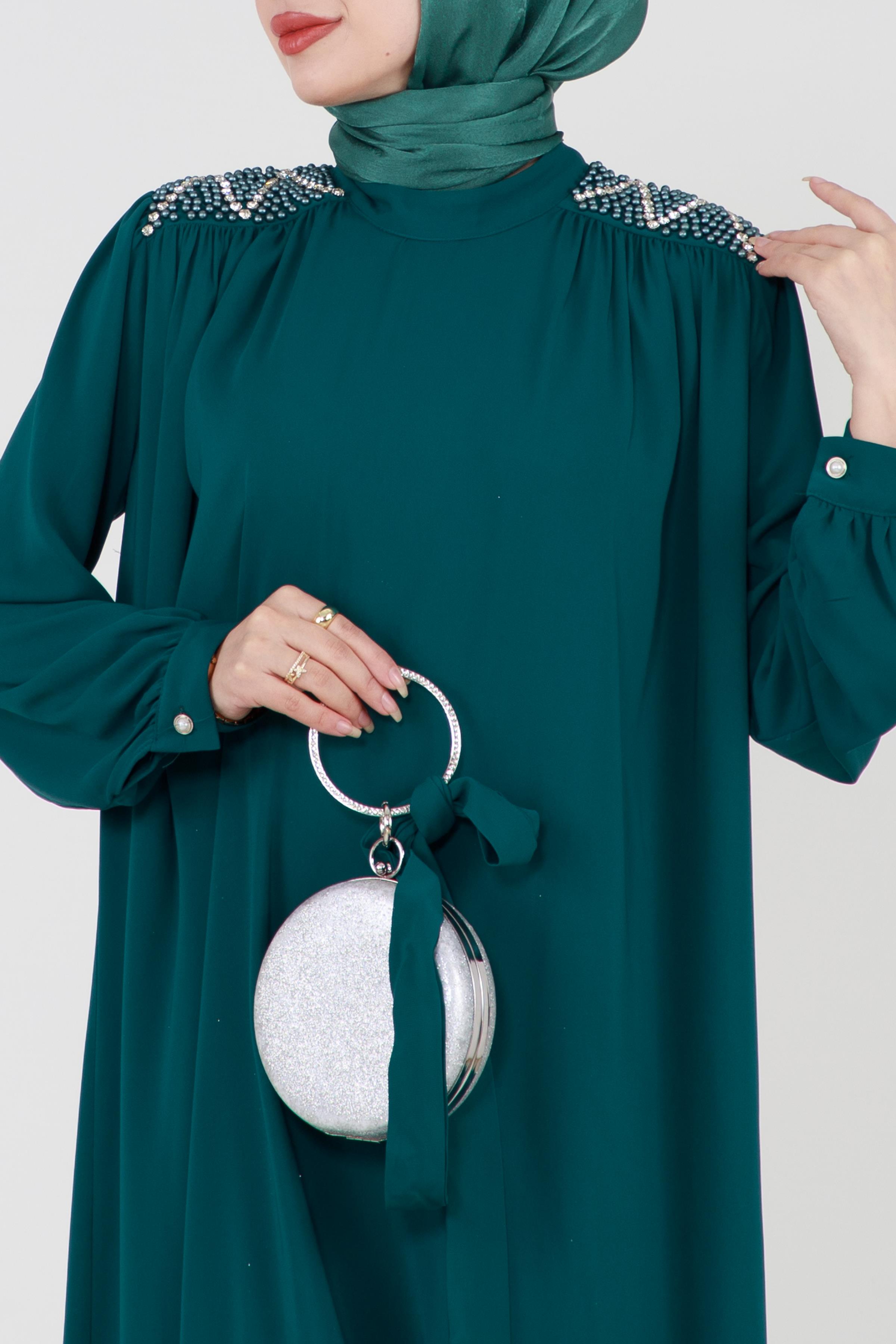 Hijab Dress with Embroidered Shoulders and Belted Waist - Emerald Green