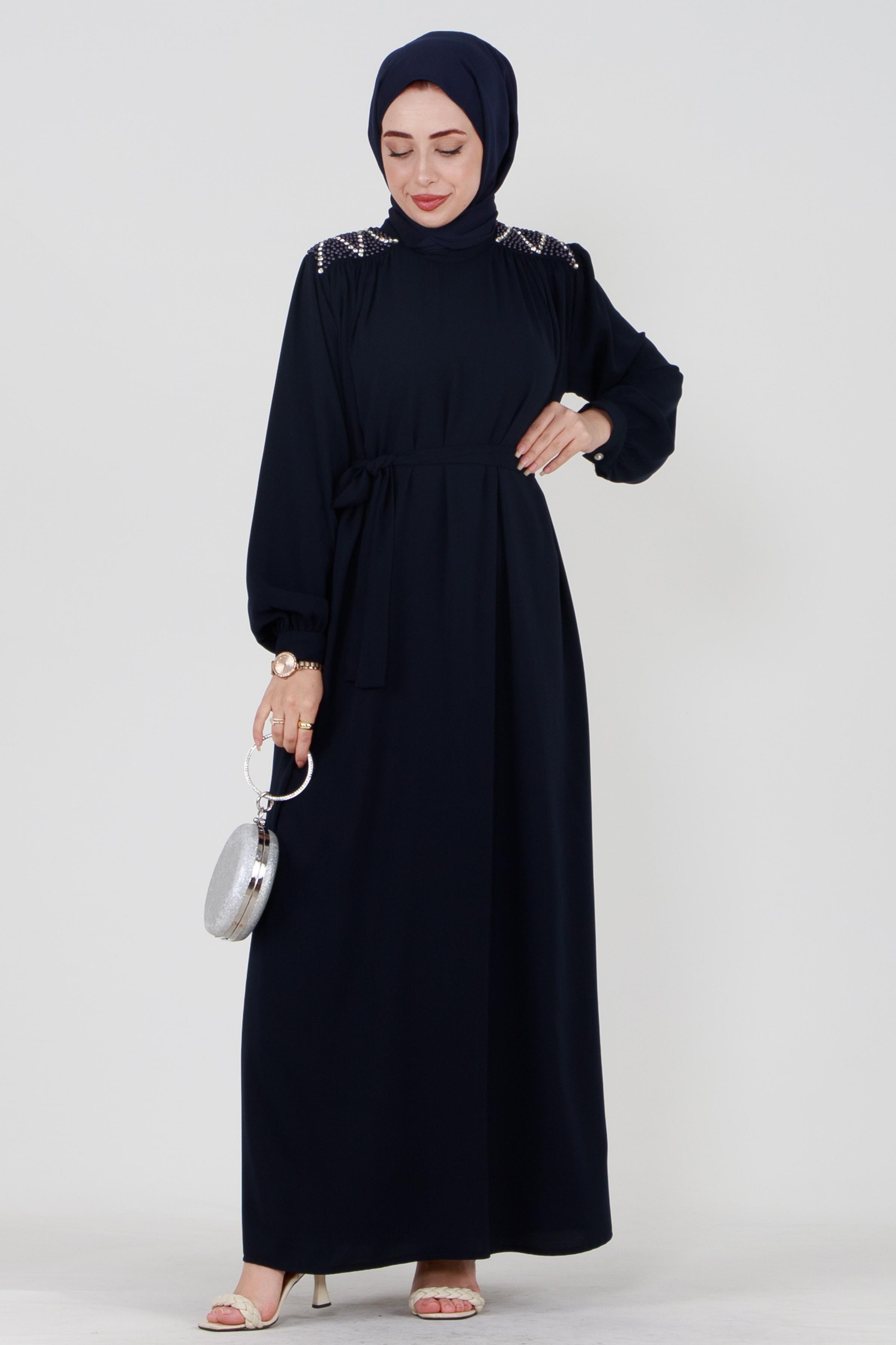 Hijab Dress with Embroidered Shoulders and Belted Waist - Navy Blue