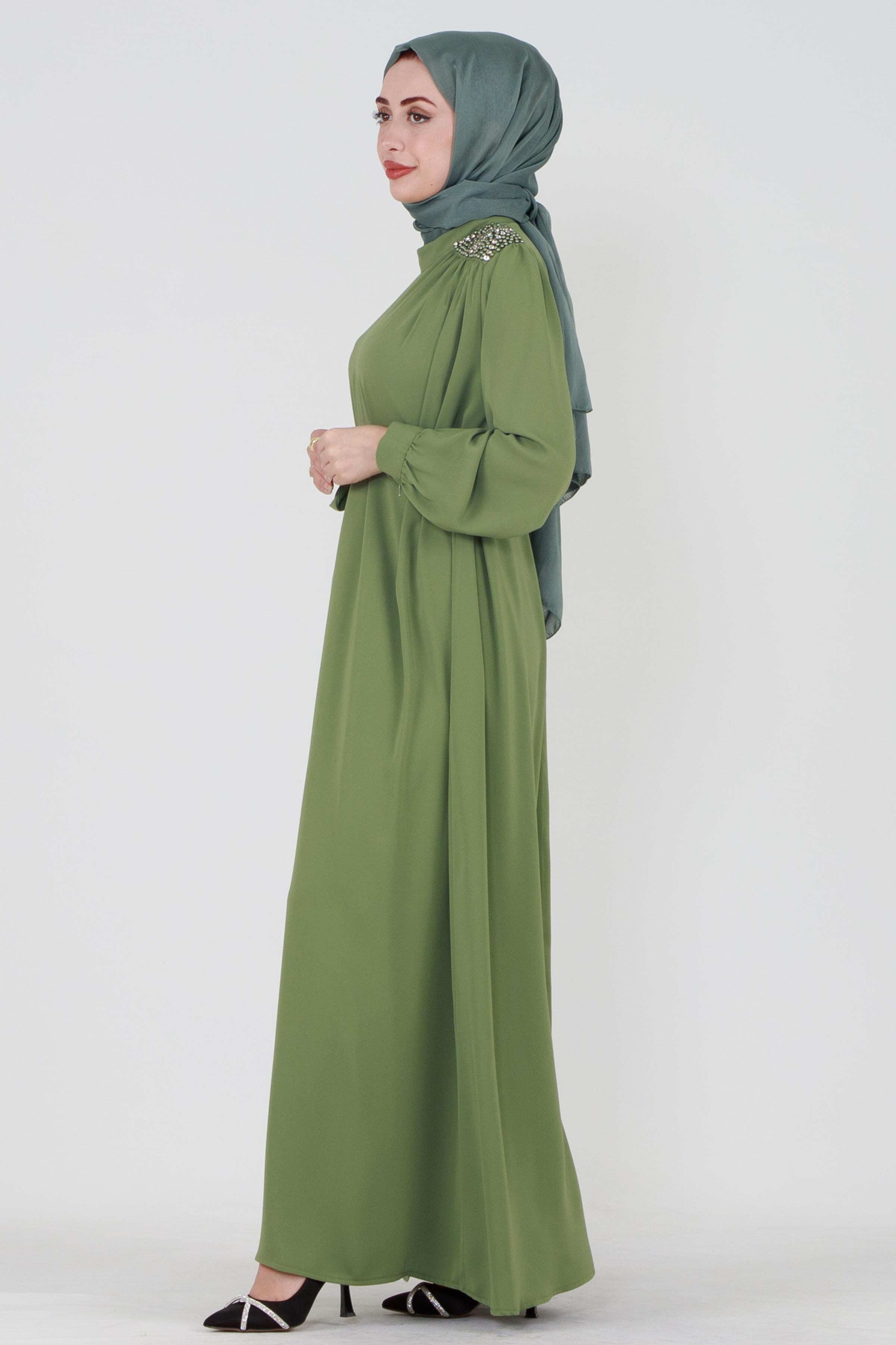 Hijab Dress with Embroidered Shoulders and Belted Waist - Pistachio Green