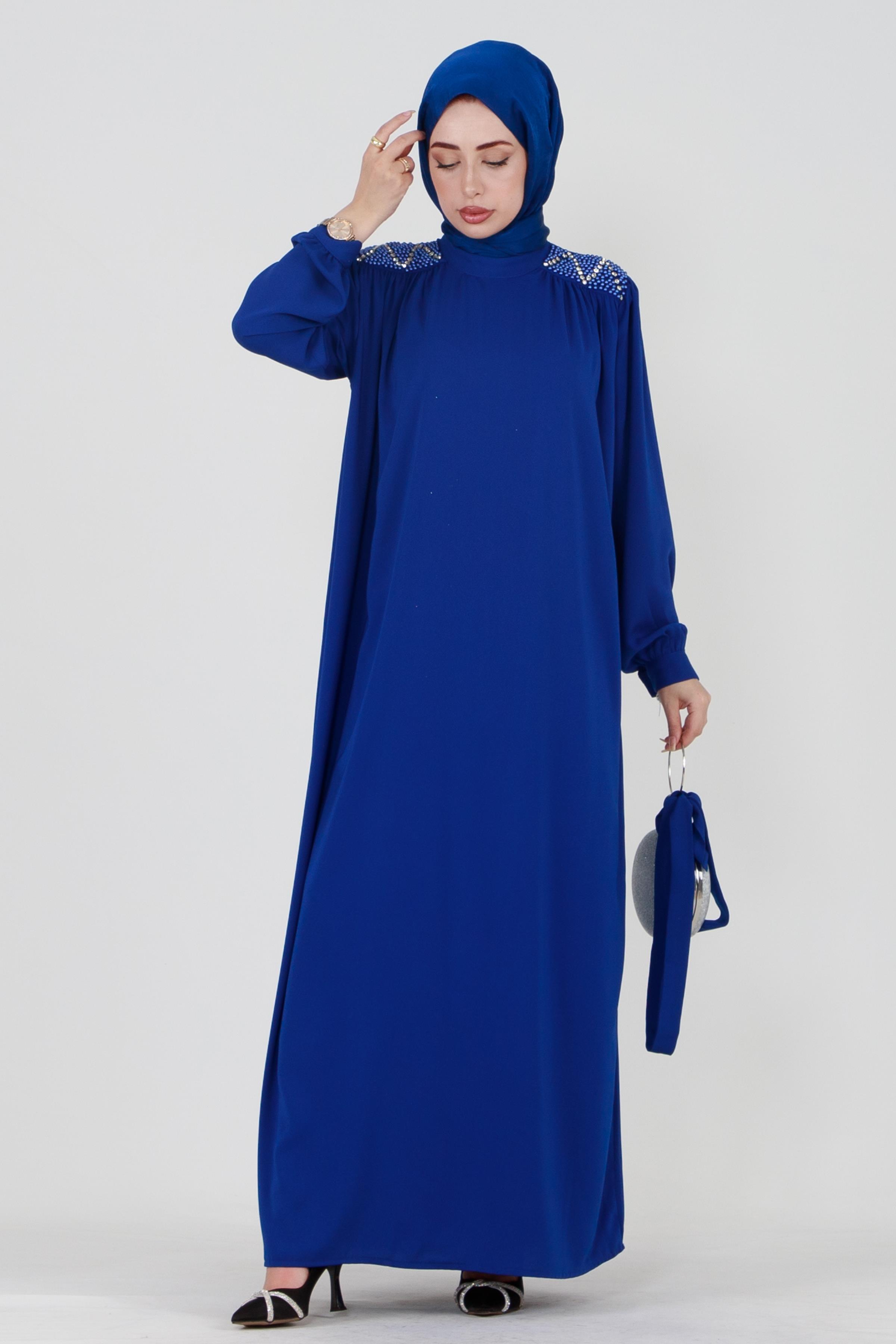 Hijab Dress with Embroidered Shoulders and Belted Waist - Saks Blue