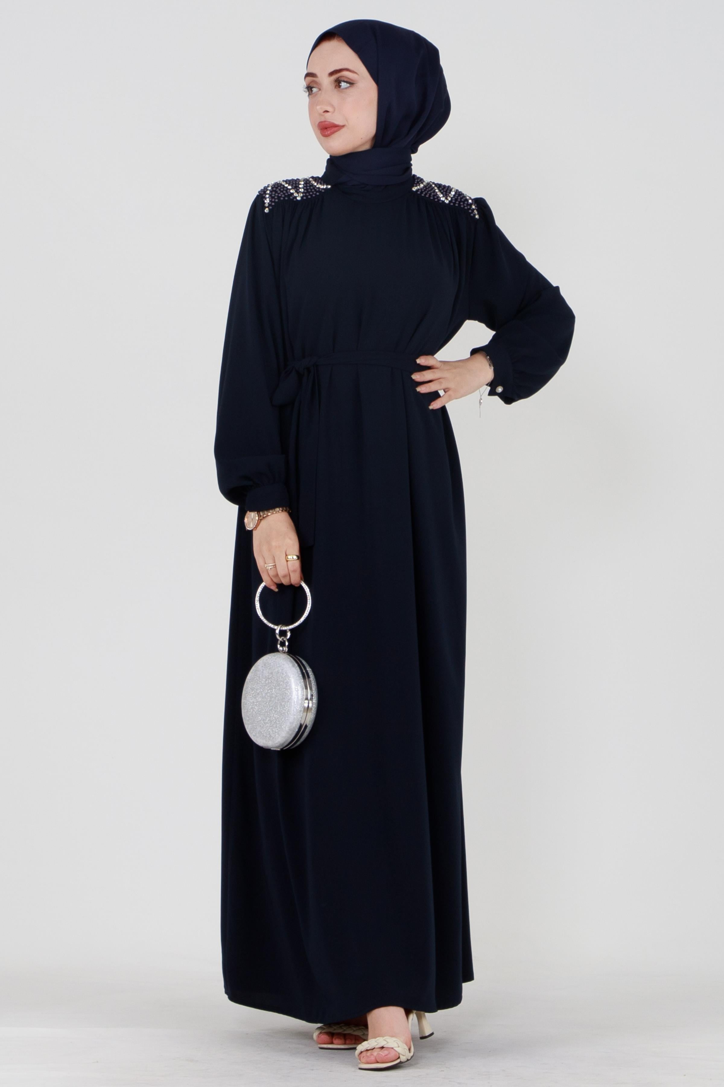 Hijab Dress with Embroidered Shoulders and Belted Waist - Navy Blue